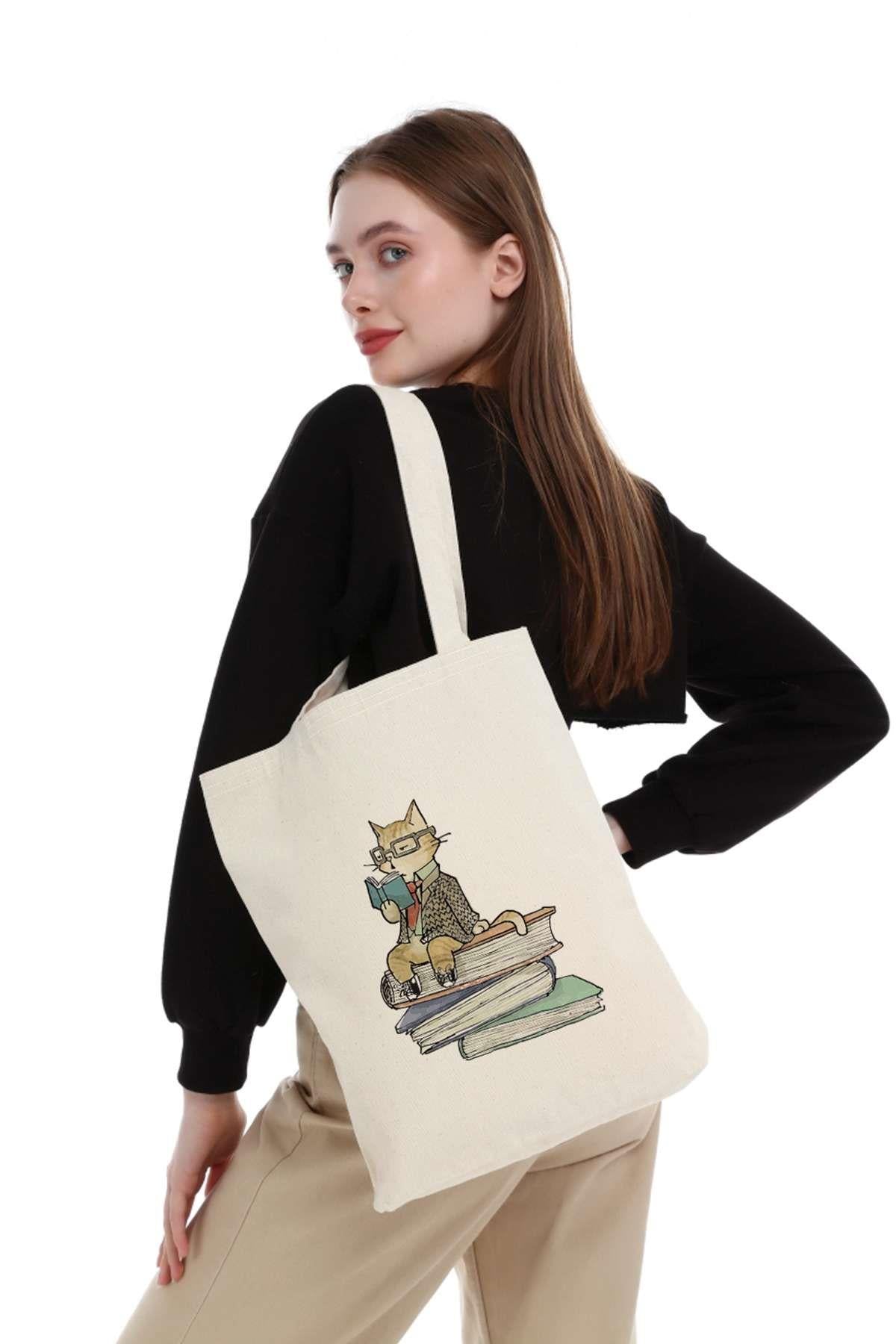 Kanvas Kitap Okuyan Kedi Bez Çanta C0557
