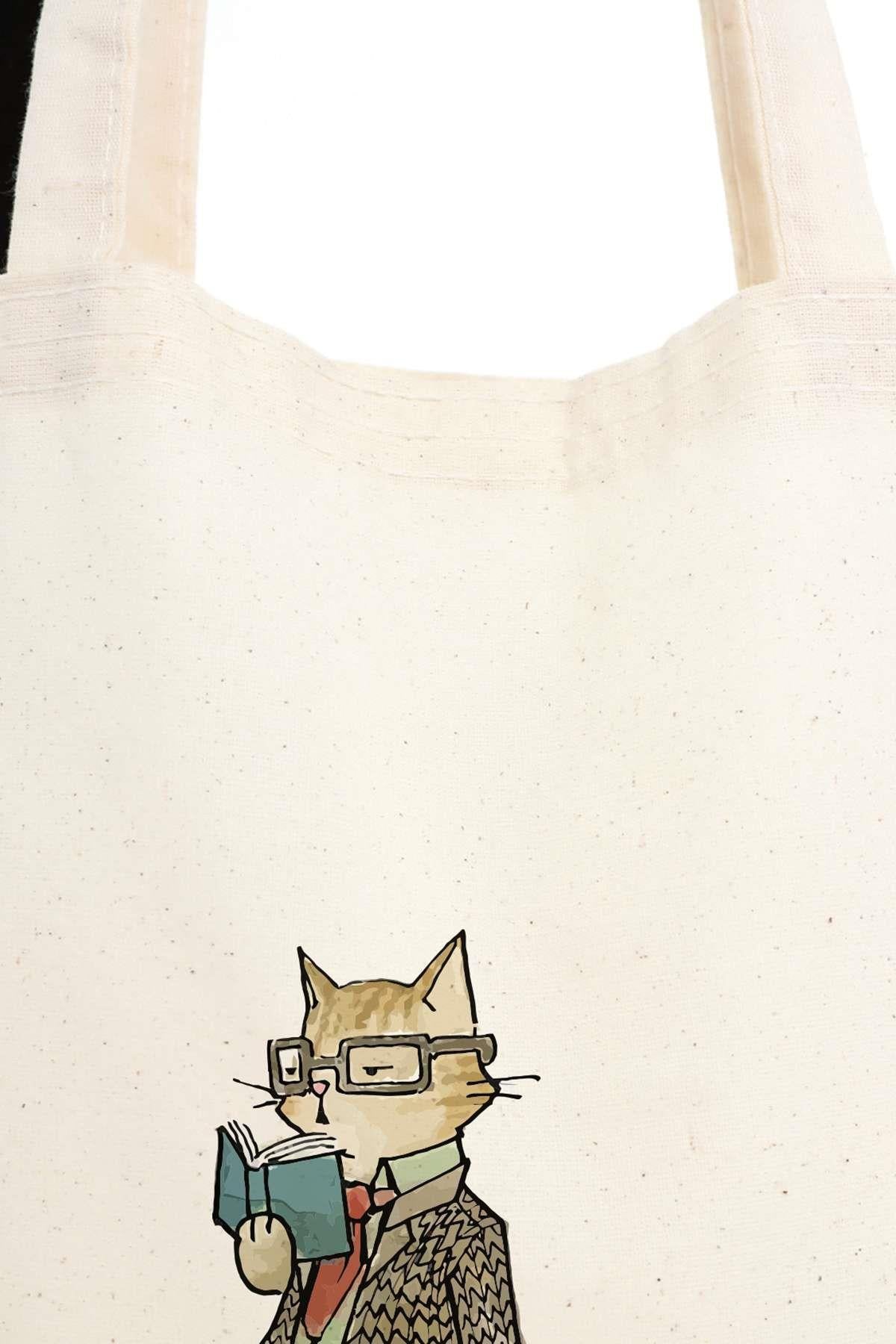 Kanvas Kitap Okuyan Kedi Bez Çanta C0557