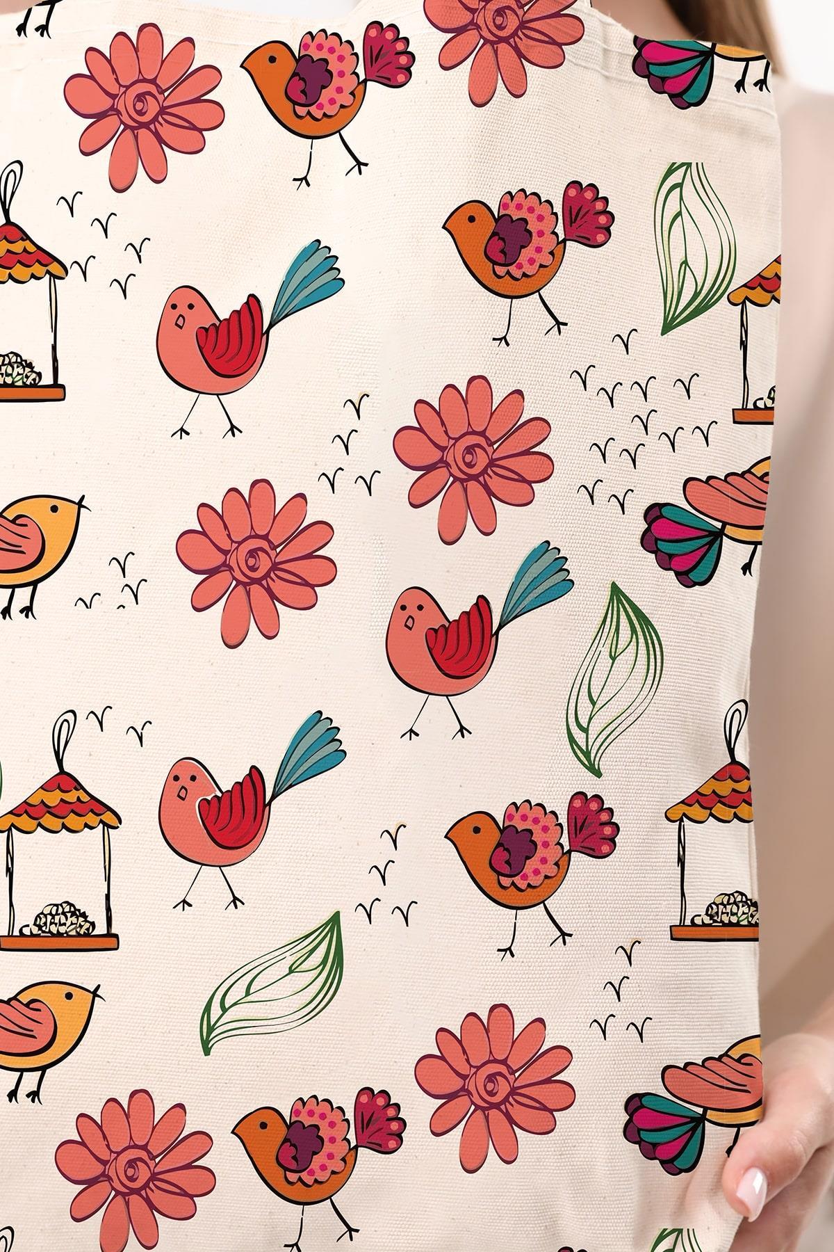 Kanvas Kuş Ve Çiçek Baskılı Bez Çanta
