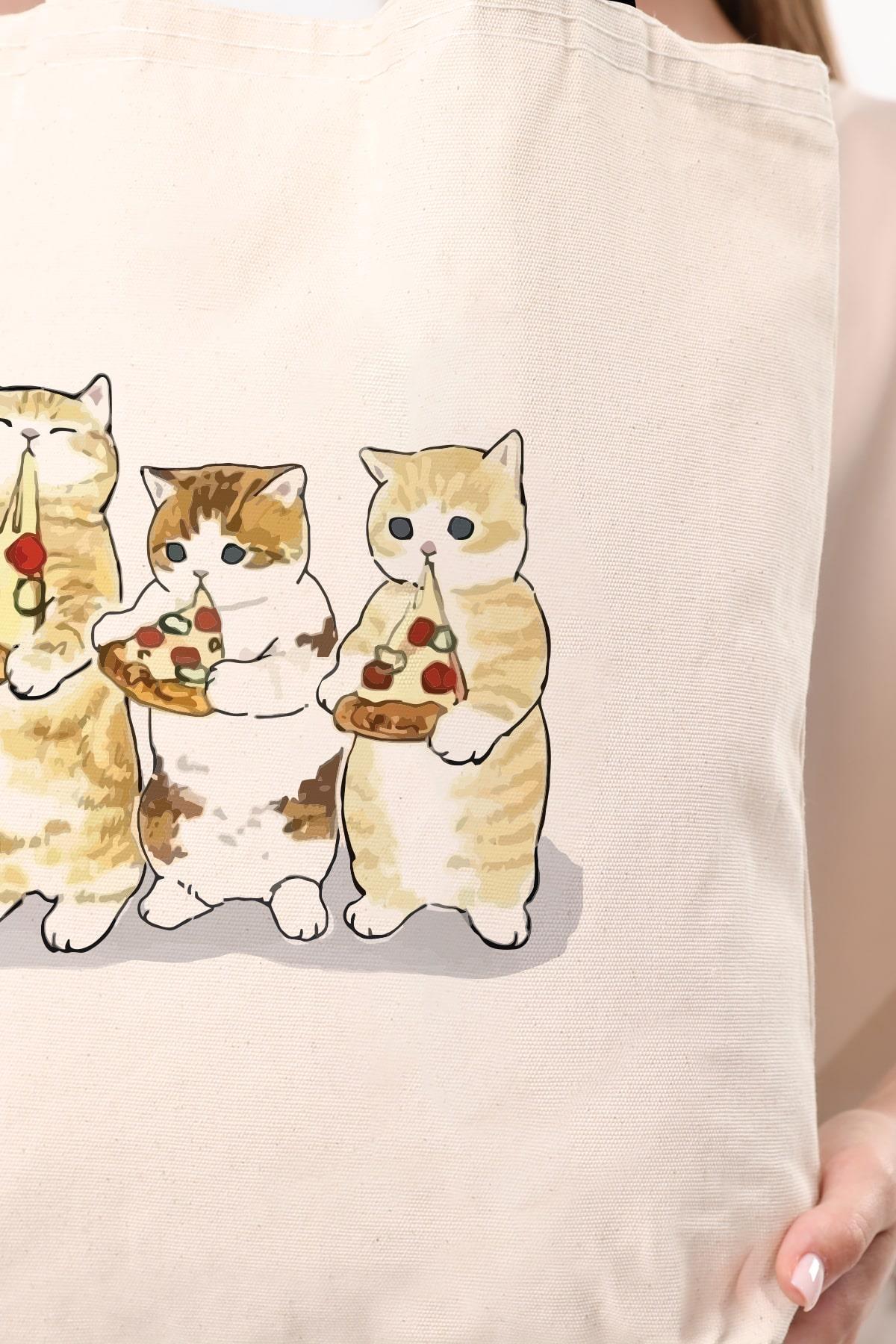 Kanvas Pizza Yiyen Kediler Bez Çanta C1610
