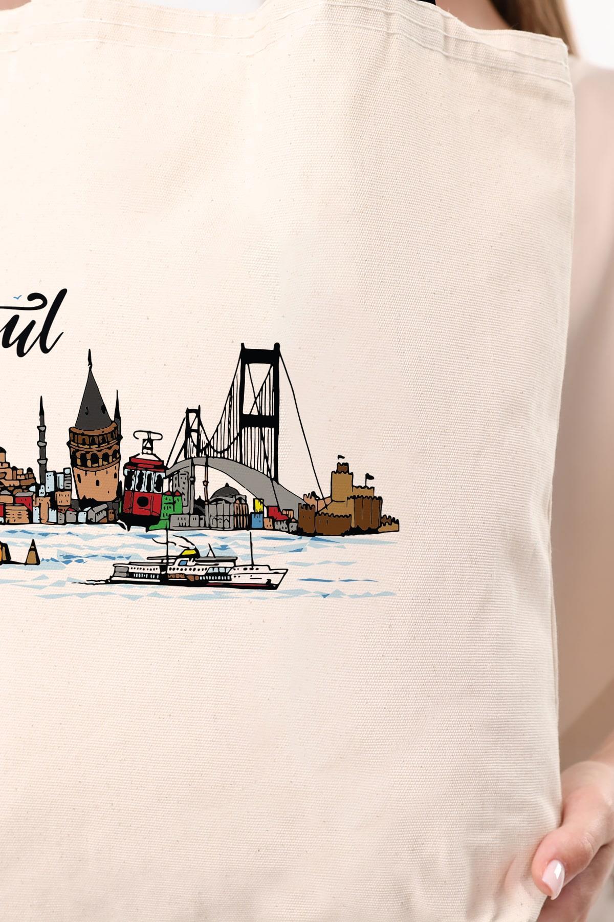Kanvas Renkli İstanbul Baskılı Bez Çanta