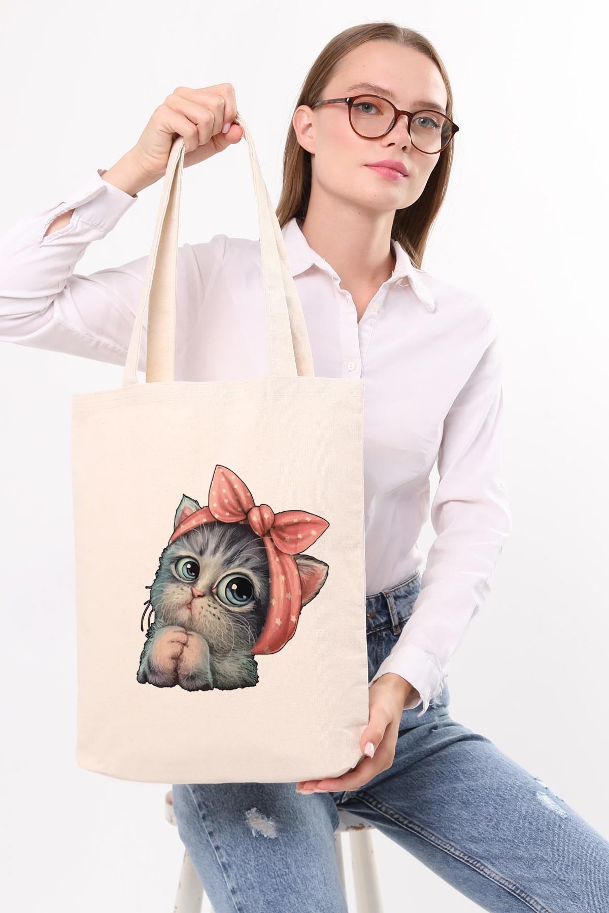 Kanvas Sevimli Kedi Baskılı Bez Çanta
