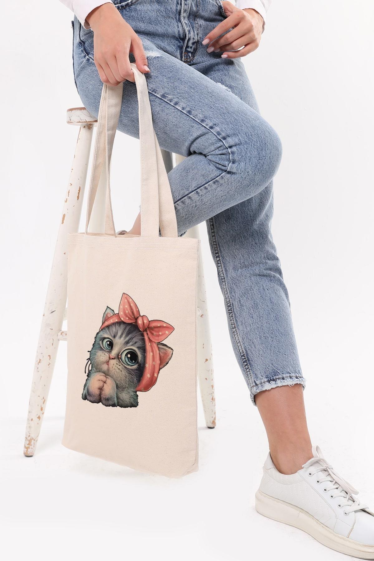Kanvas Sevimli Kedi Baskılı Bez Çanta