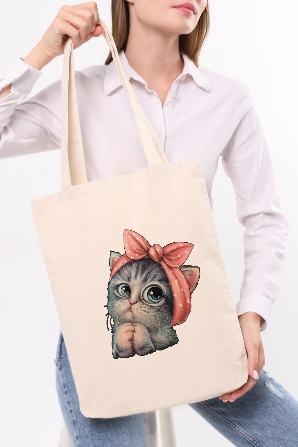 Kanvas Sevimli Kedi Baskılı Bez Çanta