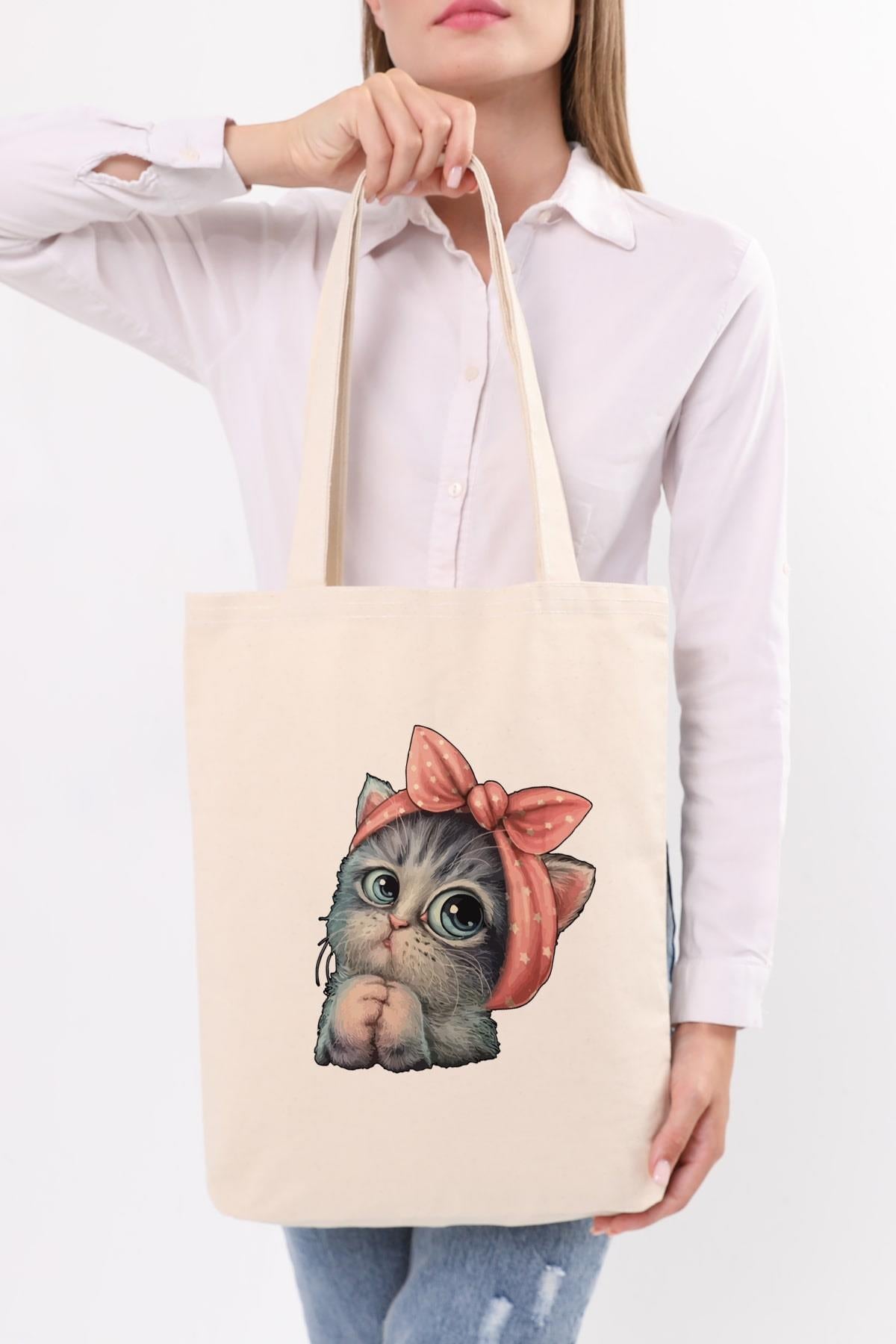 Kanvas Sevimli Kedi Baskılı Bez Çanta