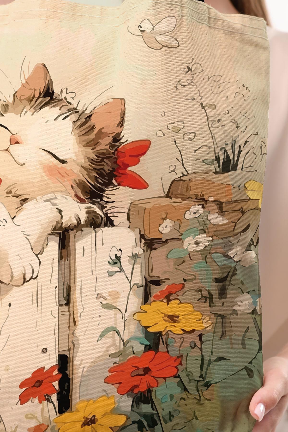 Kanvas Huzurlu Kedi Baskılı Bez Çanta