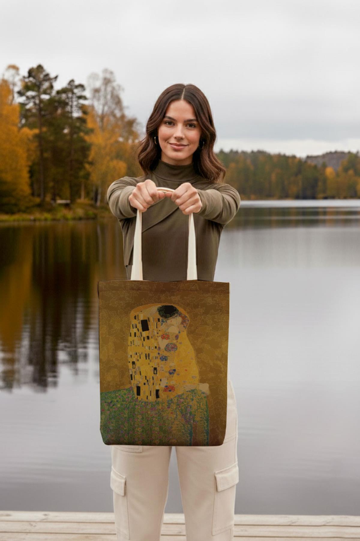 Kanvas Klimt Öpücük Baskılı Bez Çanta