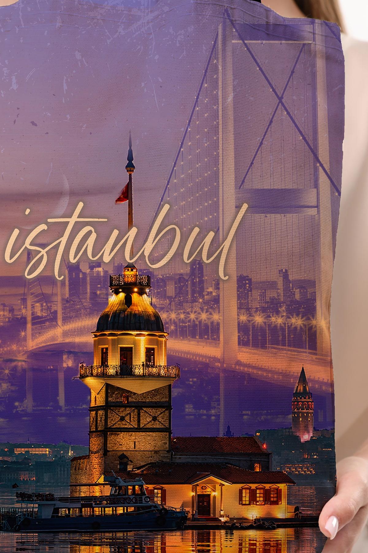 Kanvas Tam Boy Mor İstanbul Baskılı Bez Çanta