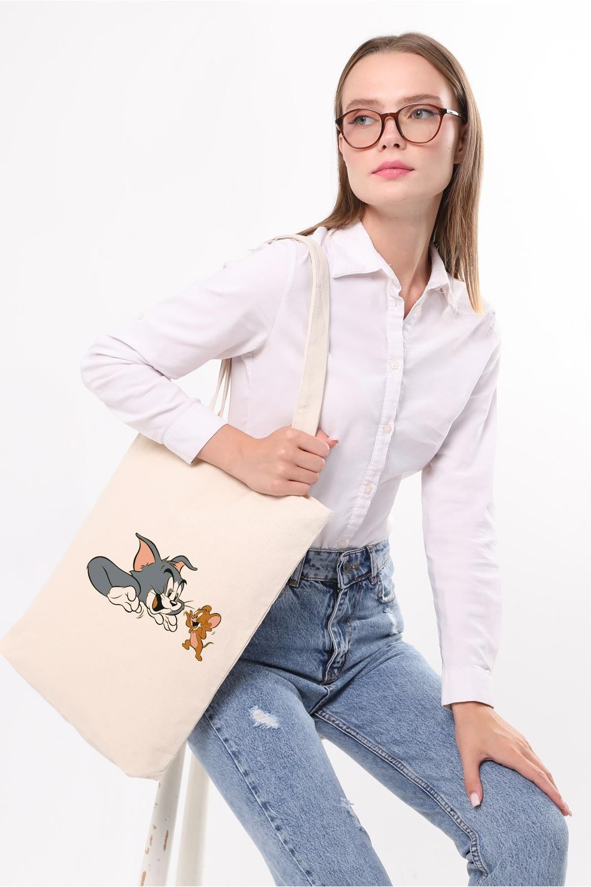 Kanvas Tom Ve Jerry Baskılı Bez Çanta
