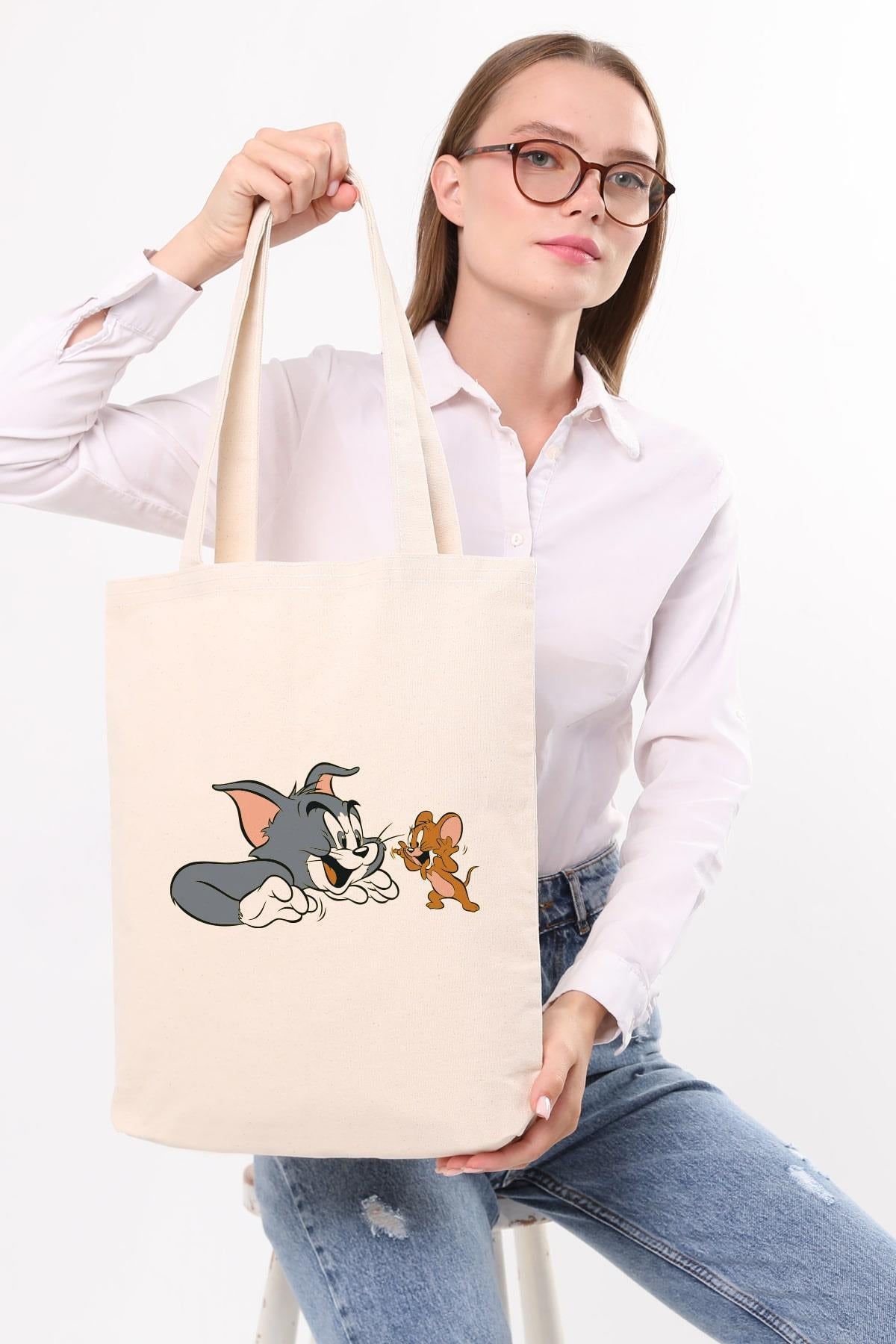 Kanvas Tom Ve Jerry Baskılı Bez Çanta