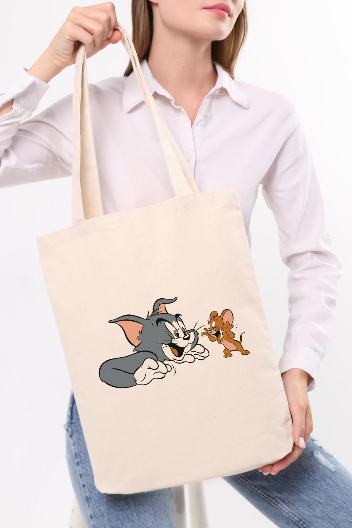 Kanvas Tom Ve Jerry Baskılı Bez Çanta