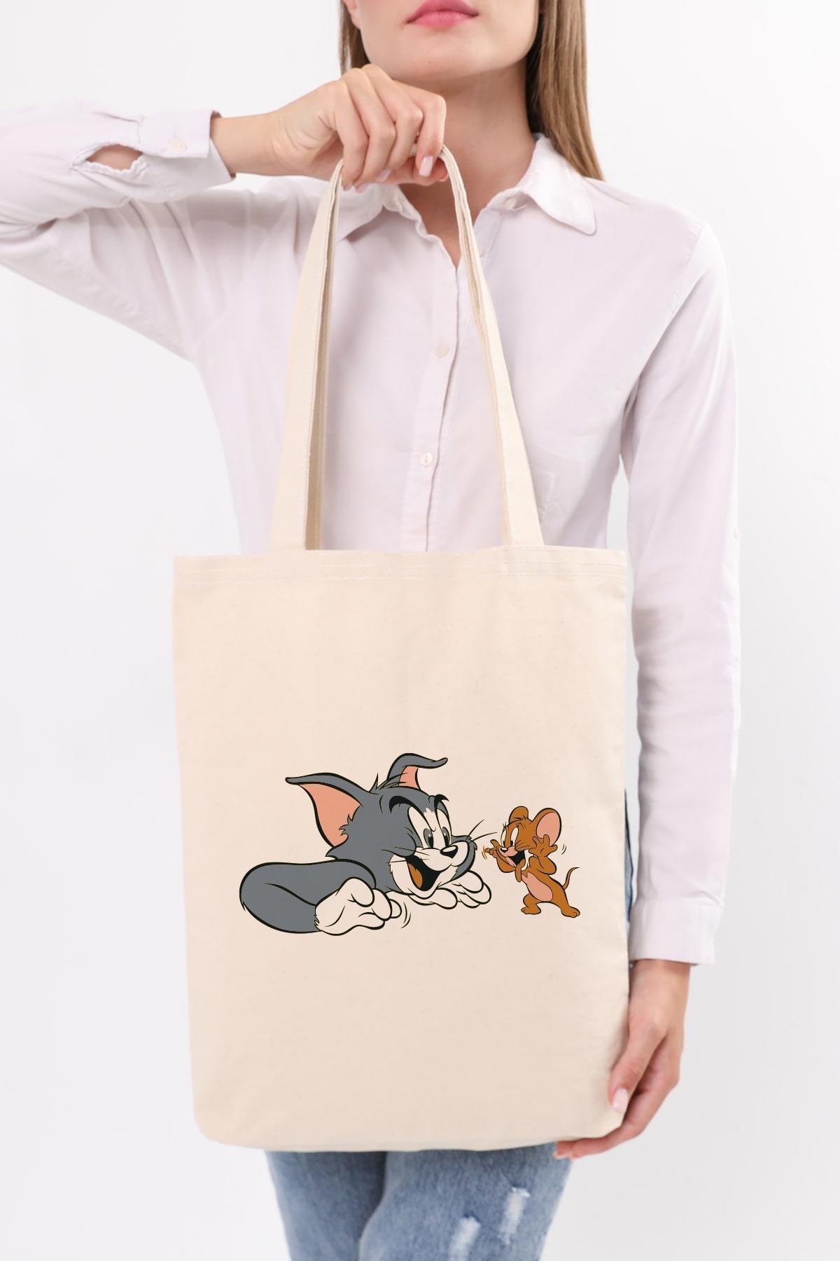 Kanvas Tom Ve Jerry Baskılı Bez Çanta
