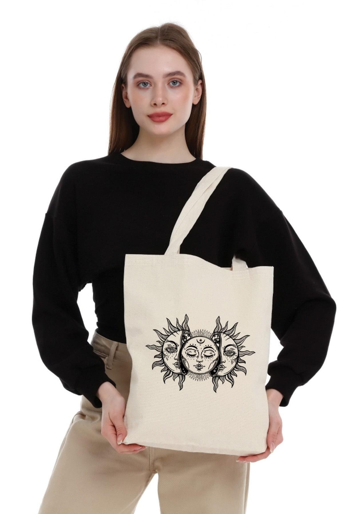 Kanvas Vintage Güneş ve Ay Bez Çanta C0597