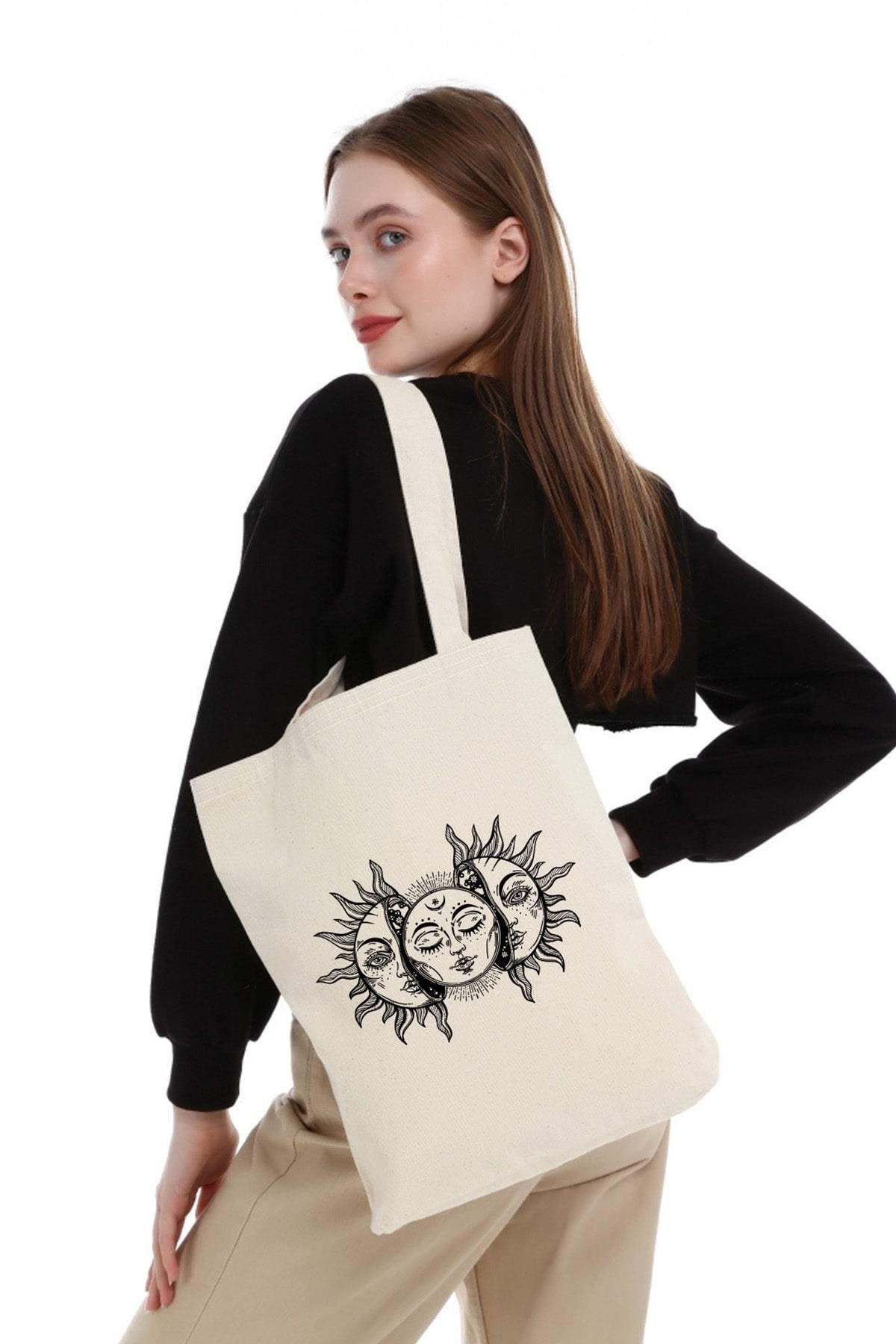 Kanvas Vintage Güneş ve Ay Bez Çanta C0597