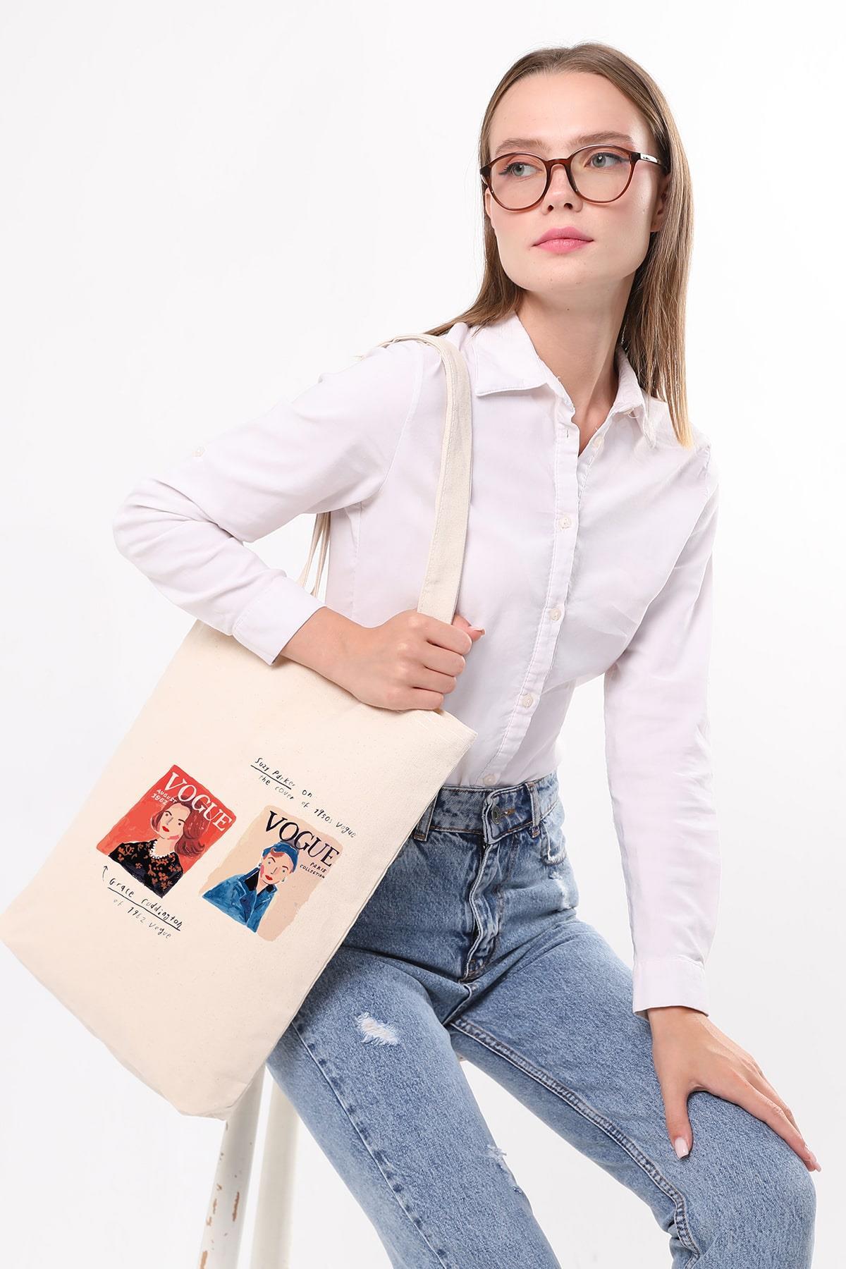 Kanvas Vogue Baskılı Bez Çanta