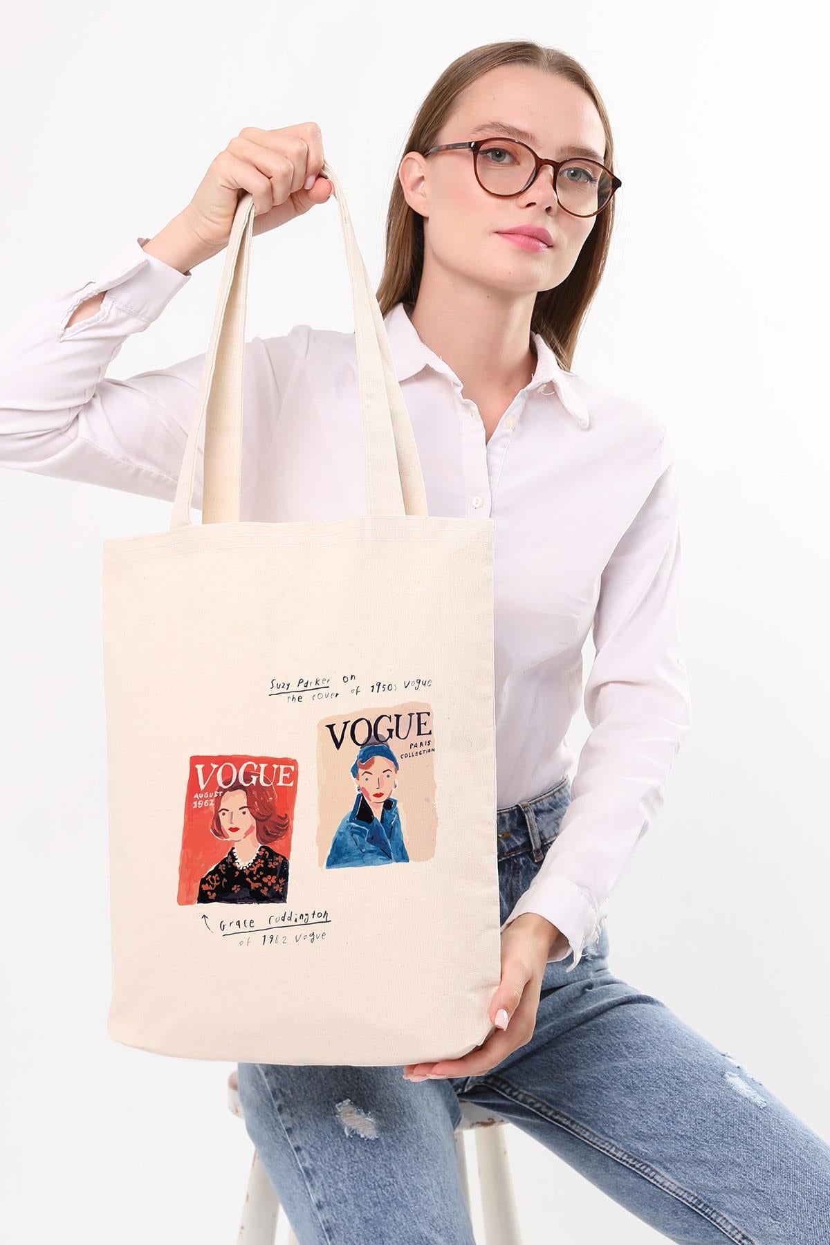 Kanvas Vogue Baskılı Bez Çanta