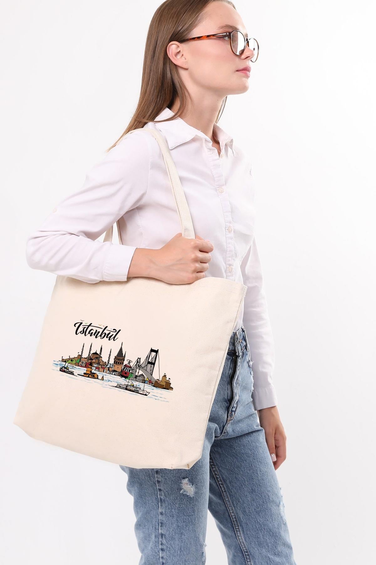 Kanvas Yatay Renkli İstanbul Baskılı Bez Çanta