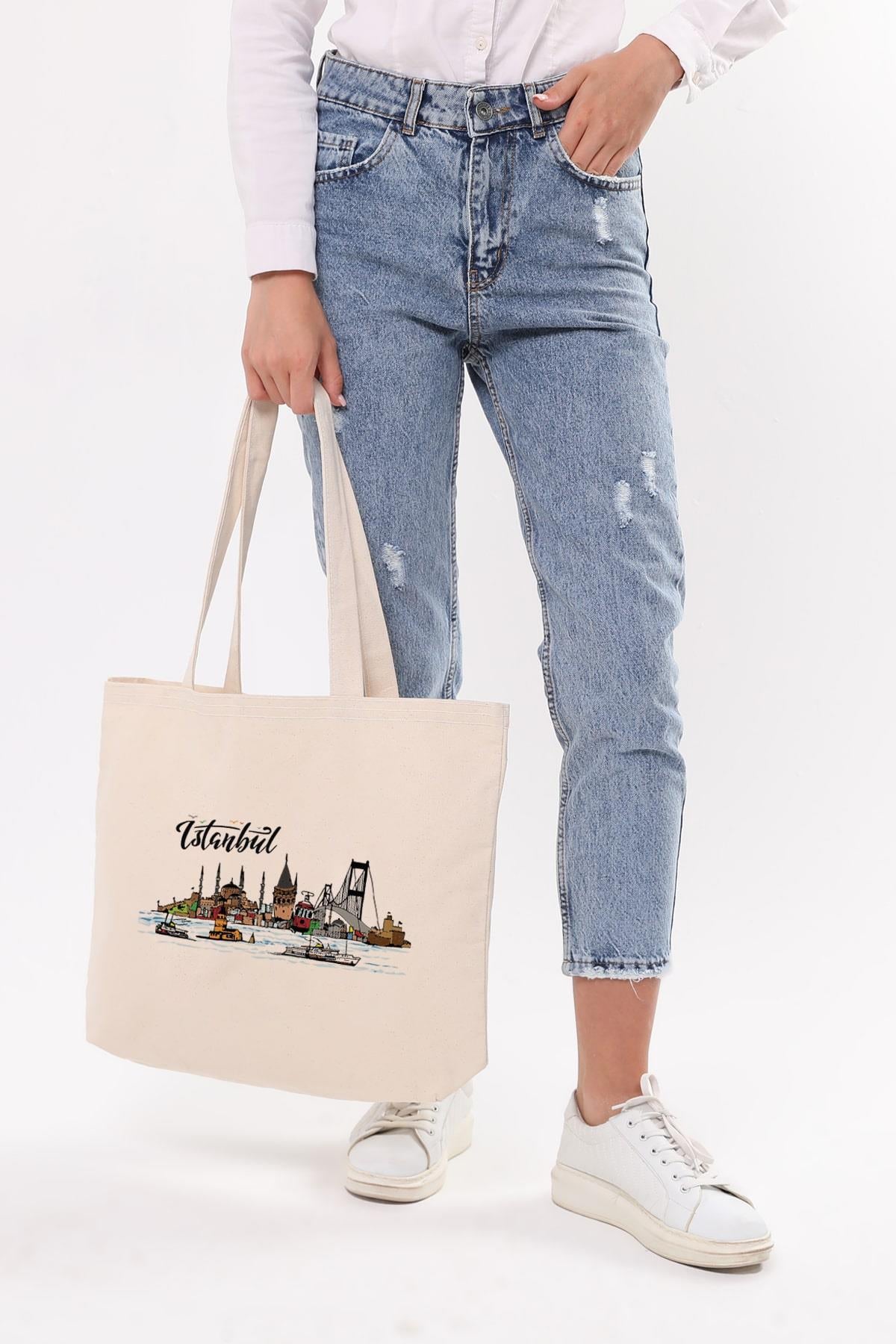 Kanvas Yatay Renkli İstanbul Baskılı Bez Çanta