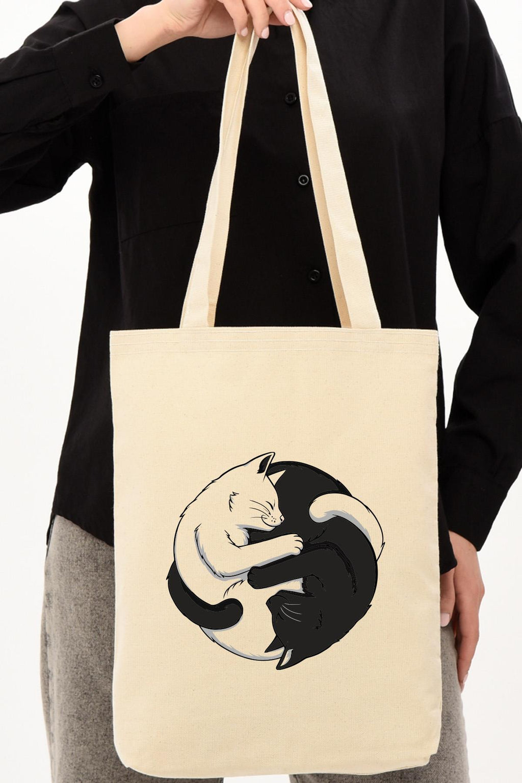 Kanvas Ying Yang Kediler Baskılı Bez Çanta