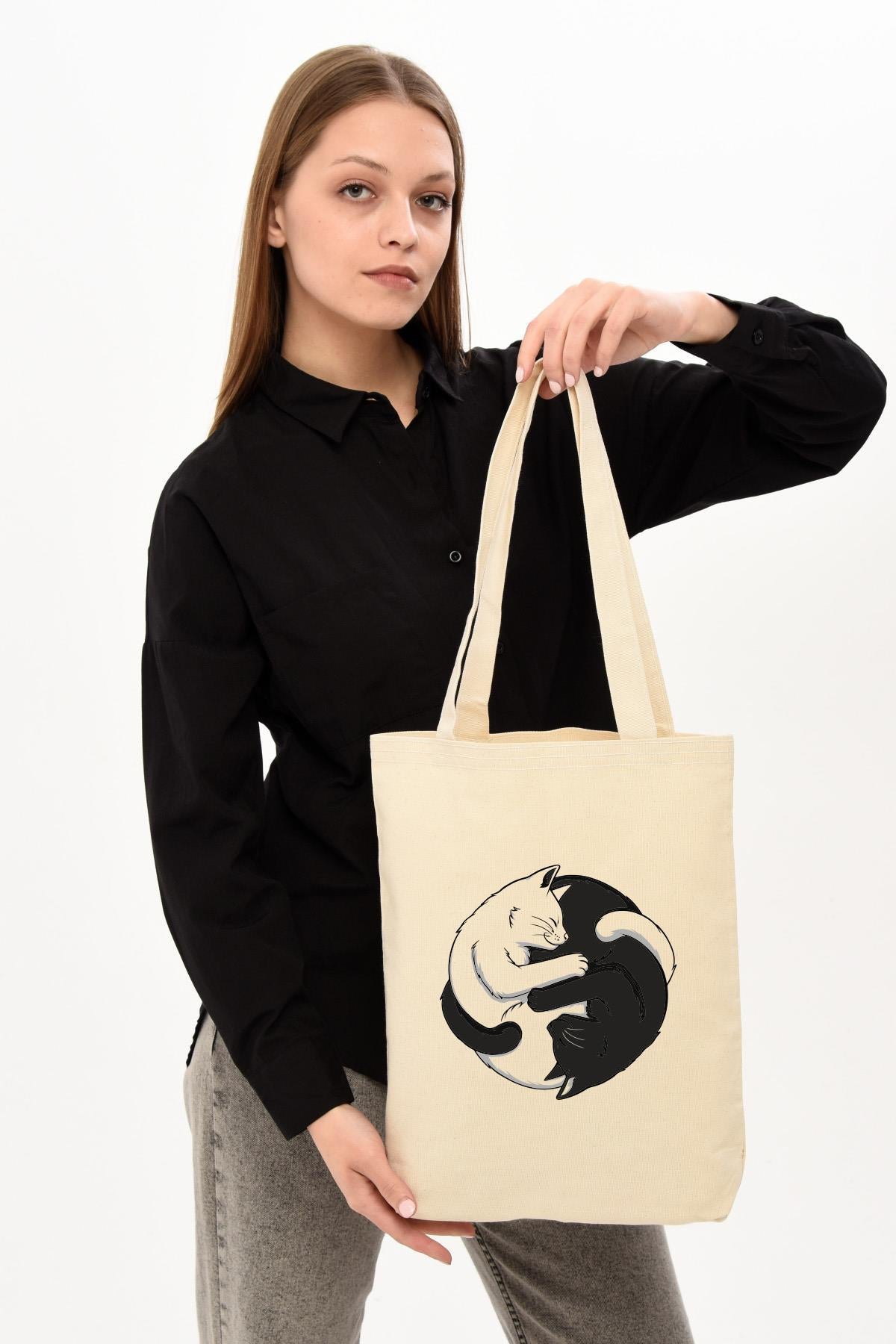 Kanvas Ying Yang Kediler Baskılı Bez Çanta