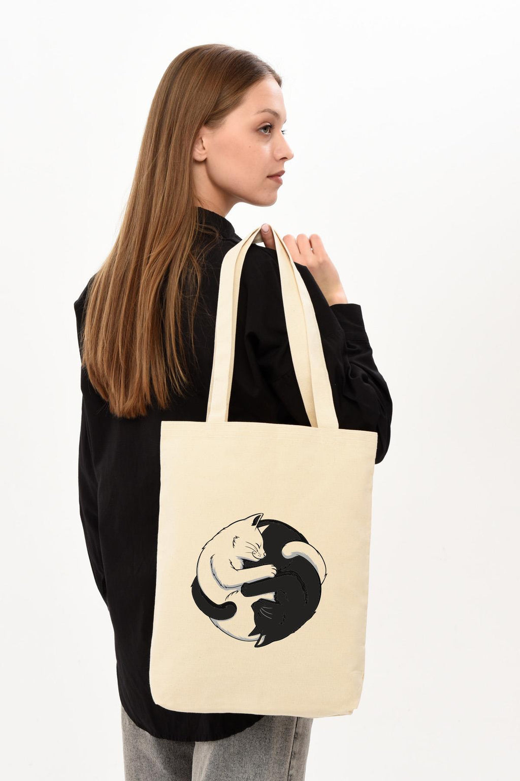 Kanvas Ying Yang Kediler Baskılı Bez Çanta