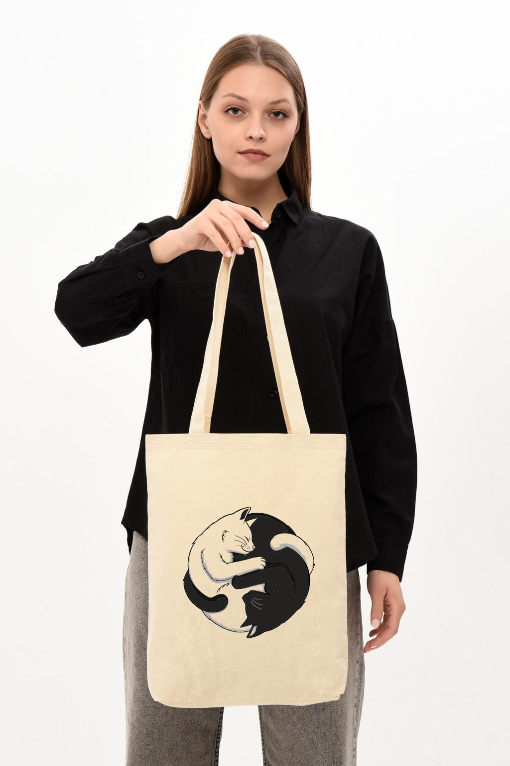 Kanvas Ying Yang Kediler Baskılı Bez Çanta