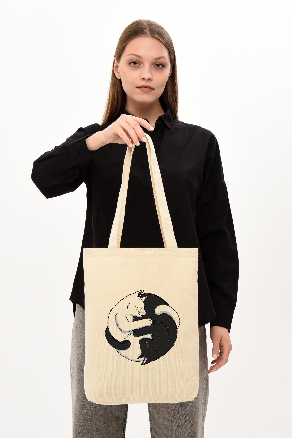 Kanvas Ying Yang Kediler Baskılı Bez Çanta