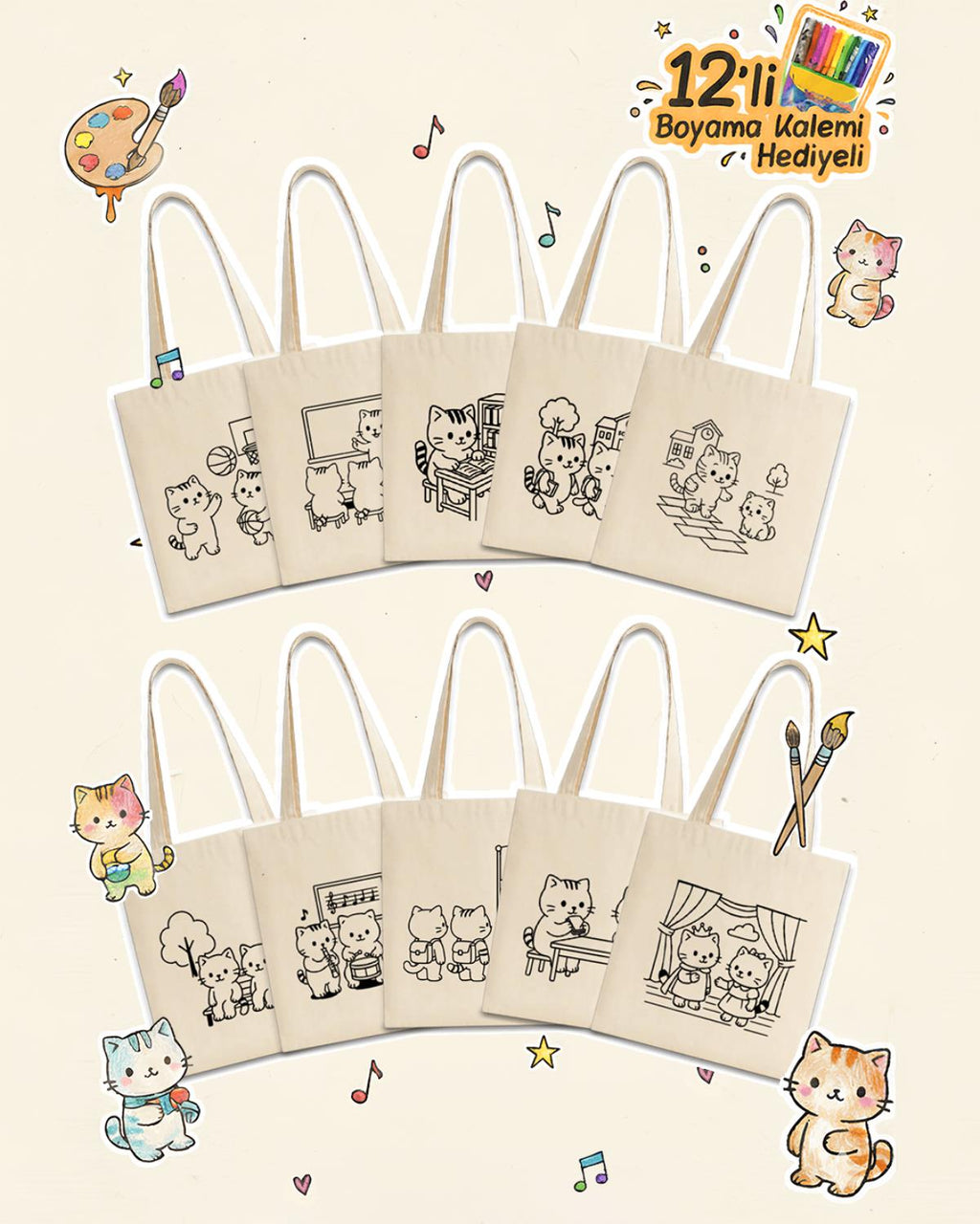 Kedi Serisi Orta Boy Boyama Çantası - 10 Adet
