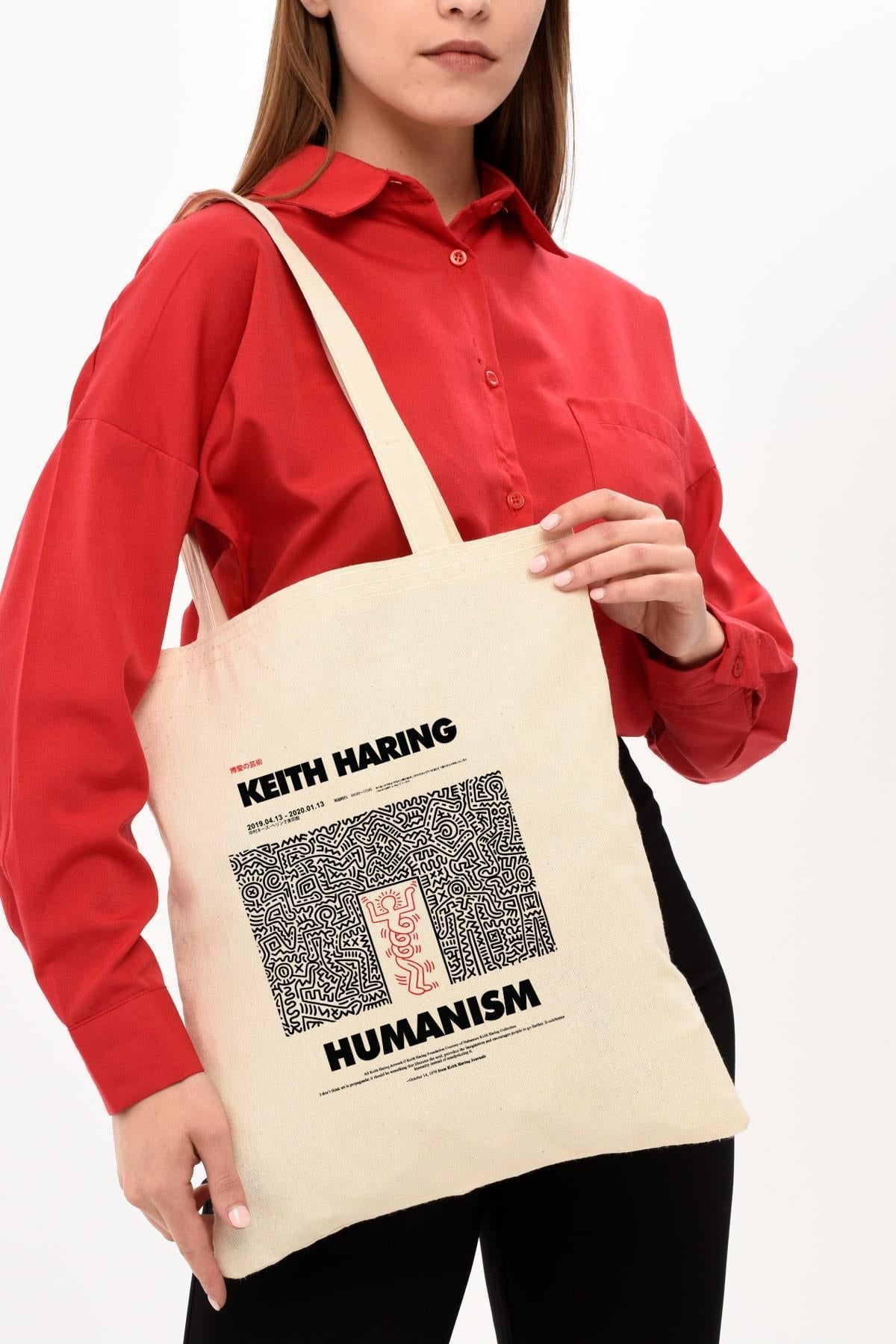 Keith Haring Baskılı Ham Bez Çanta