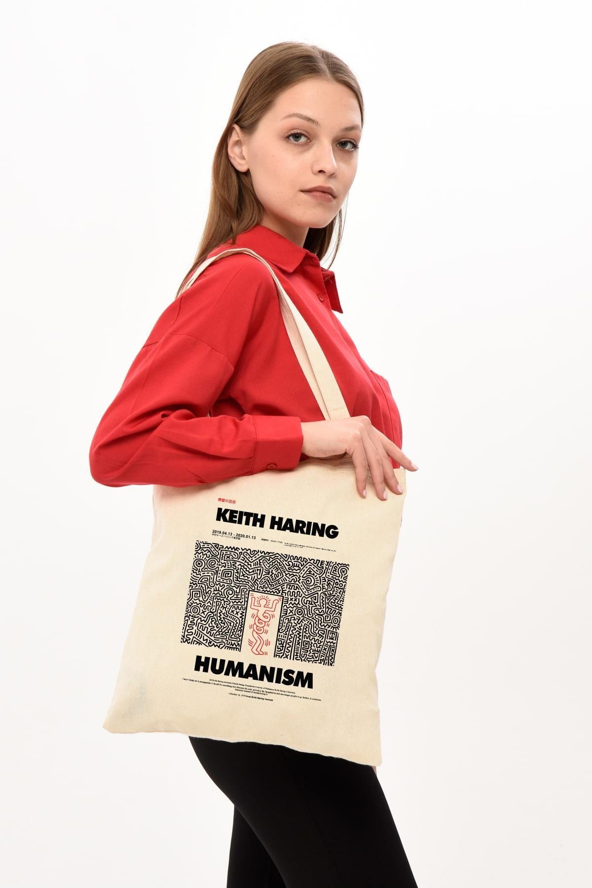 Keith Haring Baskılı Ham Bez Çanta