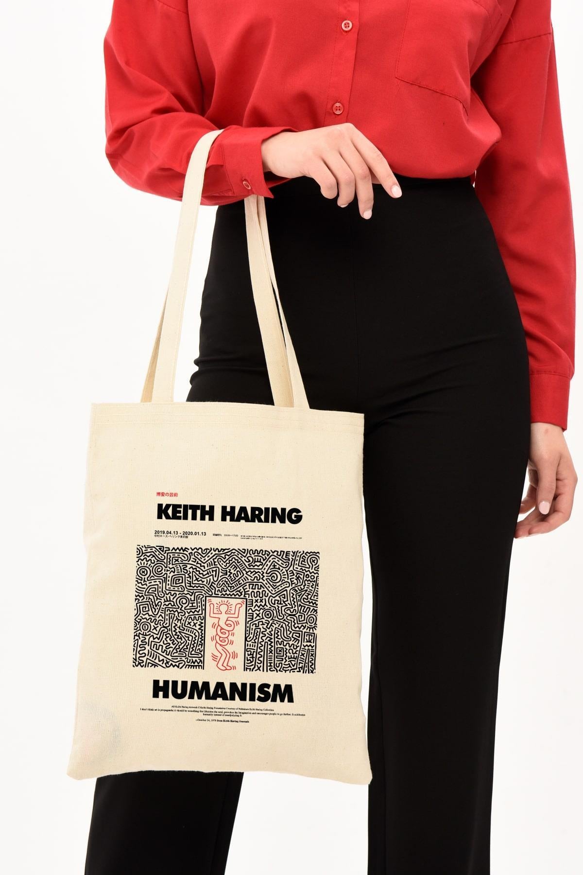 Keith Haring Baskılı Ham Bez Çanta