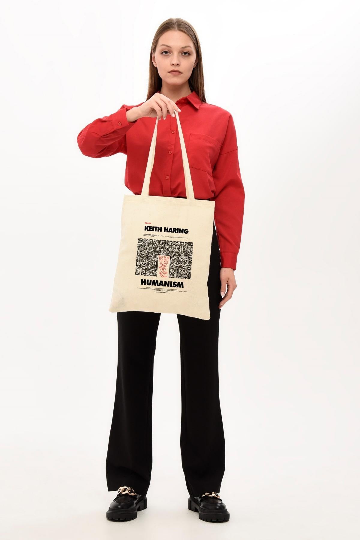 Keith Haring Baskılı Ham Bez Çanta