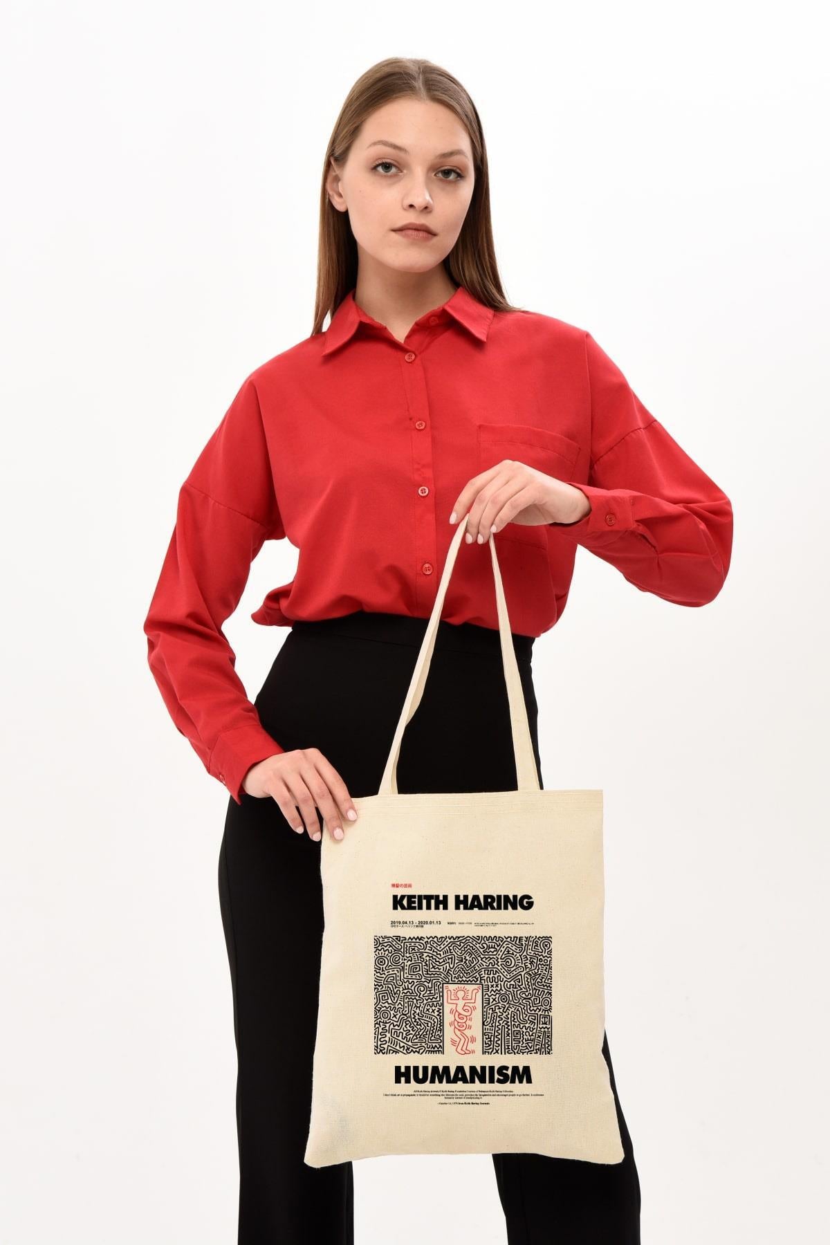 Keith Haring Baskılı Ham Bez Çanta