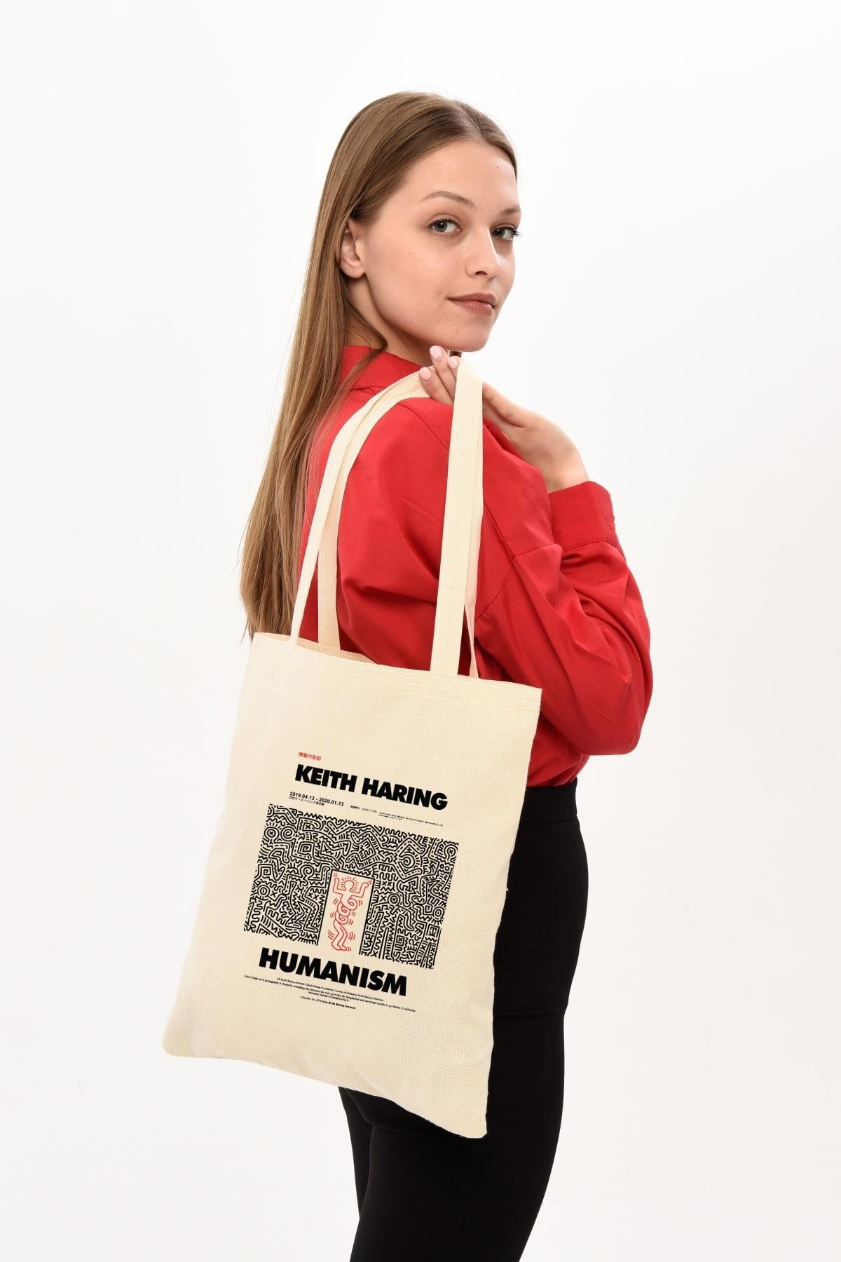 Keith Haring Baskılı Ham Bez Çanta