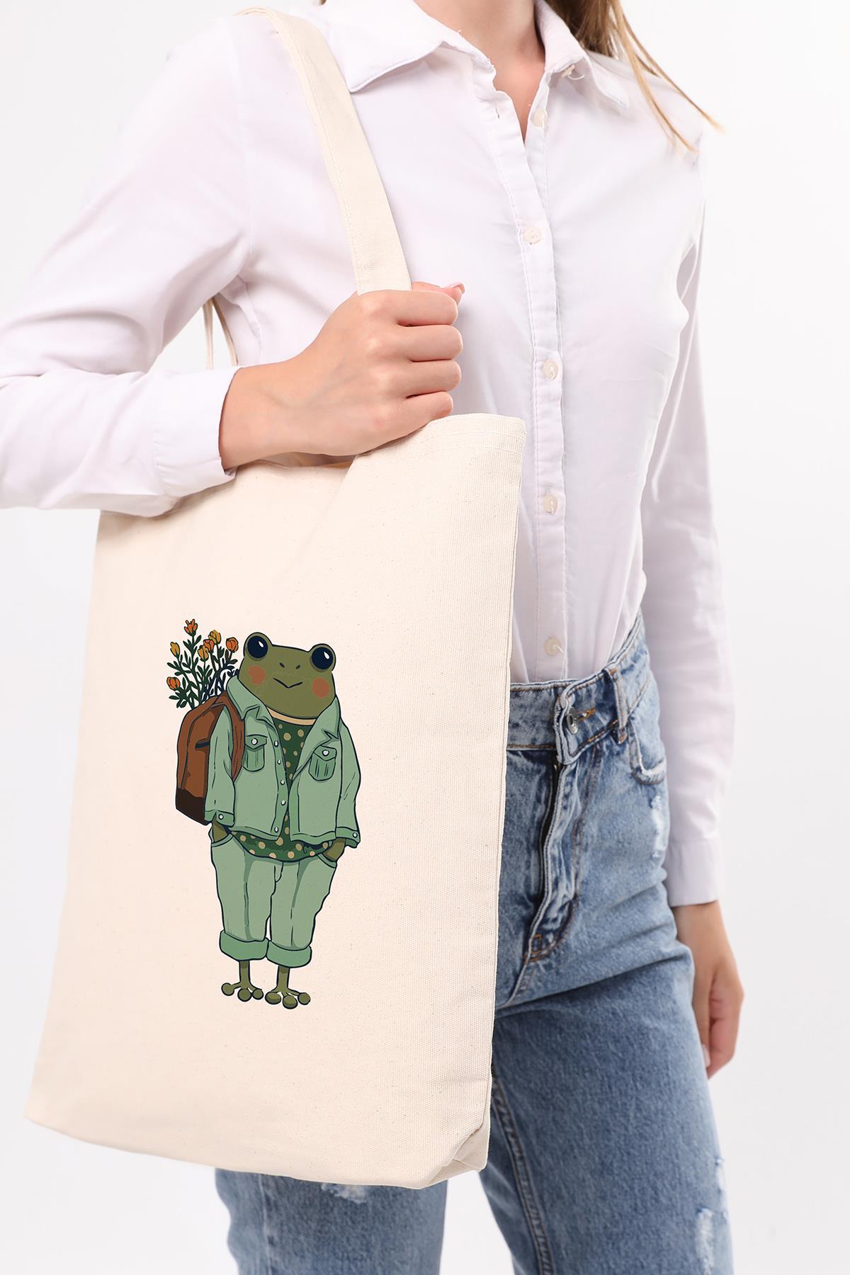 Lady Frog Baskılı Kanvas Omuz Çantası