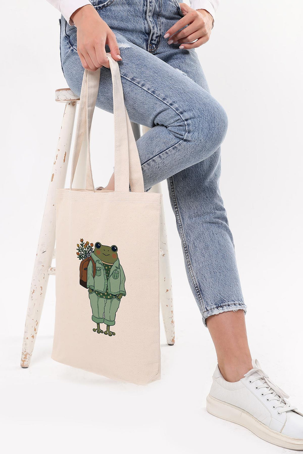 Lady Frog Baskılı Kanvas Omuz Çantası
