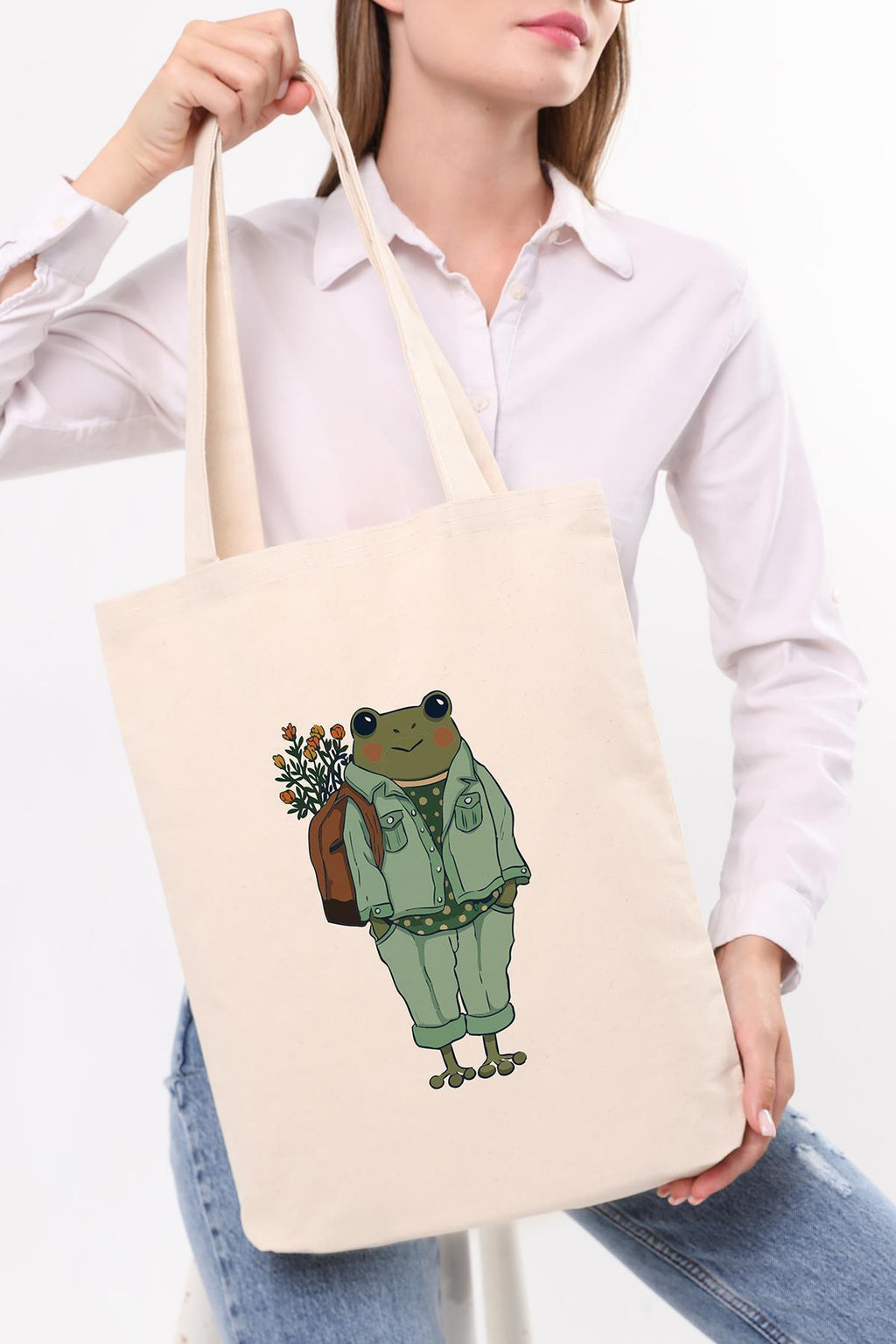 Lady Frog Baskılı Kanvas Omuz Çantası