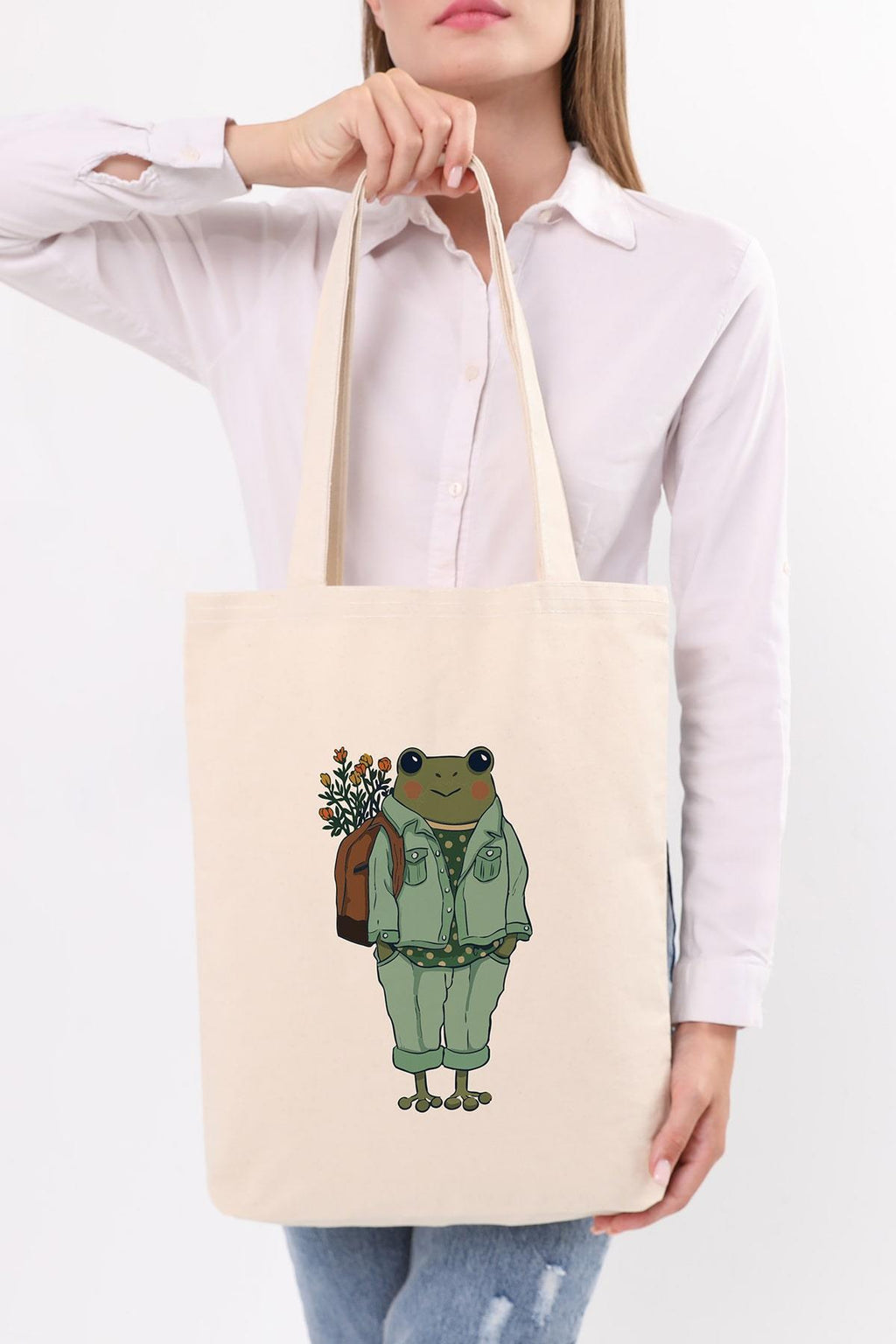 Lady Frog Baskılı Kanvas Omuz Çantası