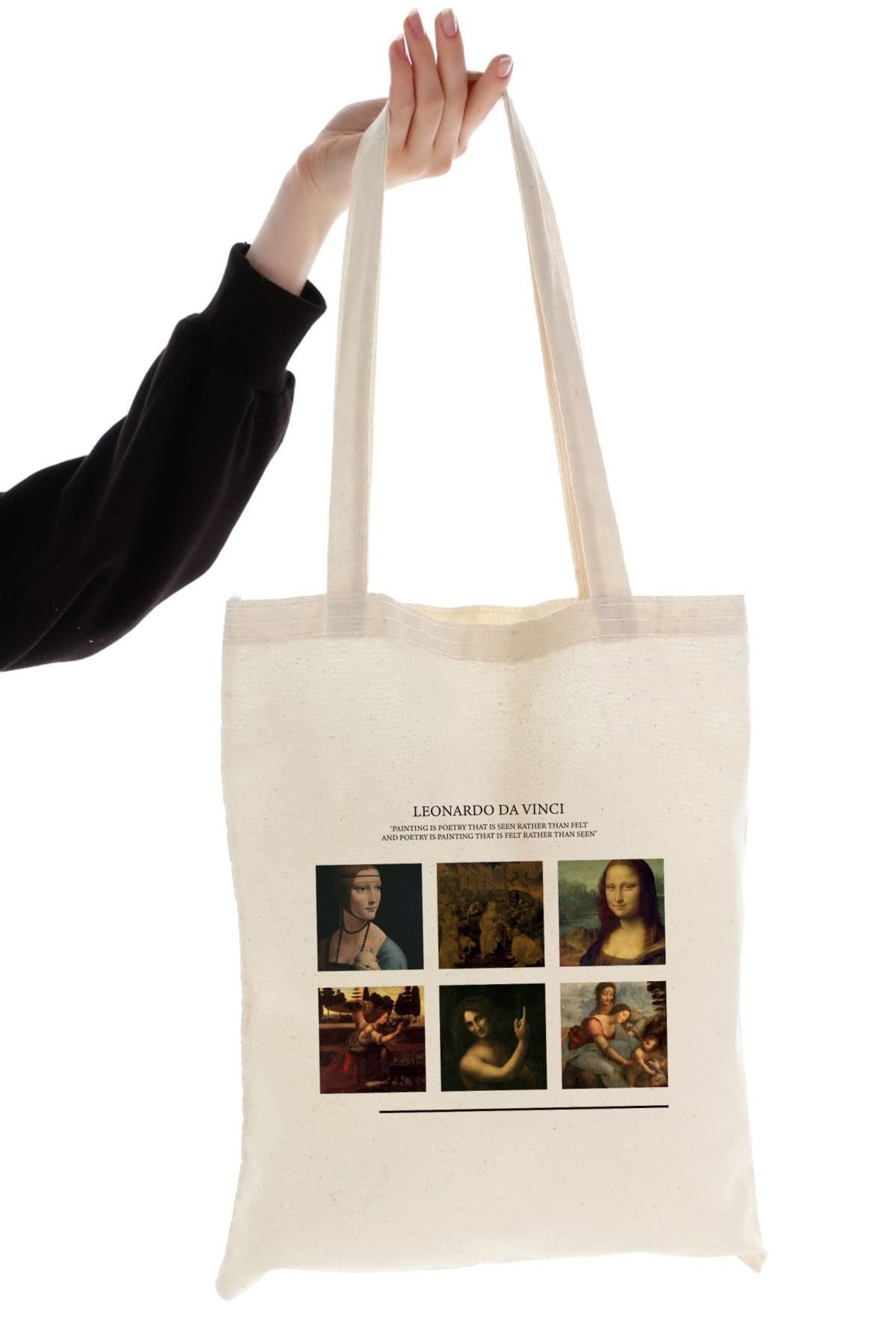 Leonardo Da Vinci Baskılı Ham Bez Çanta