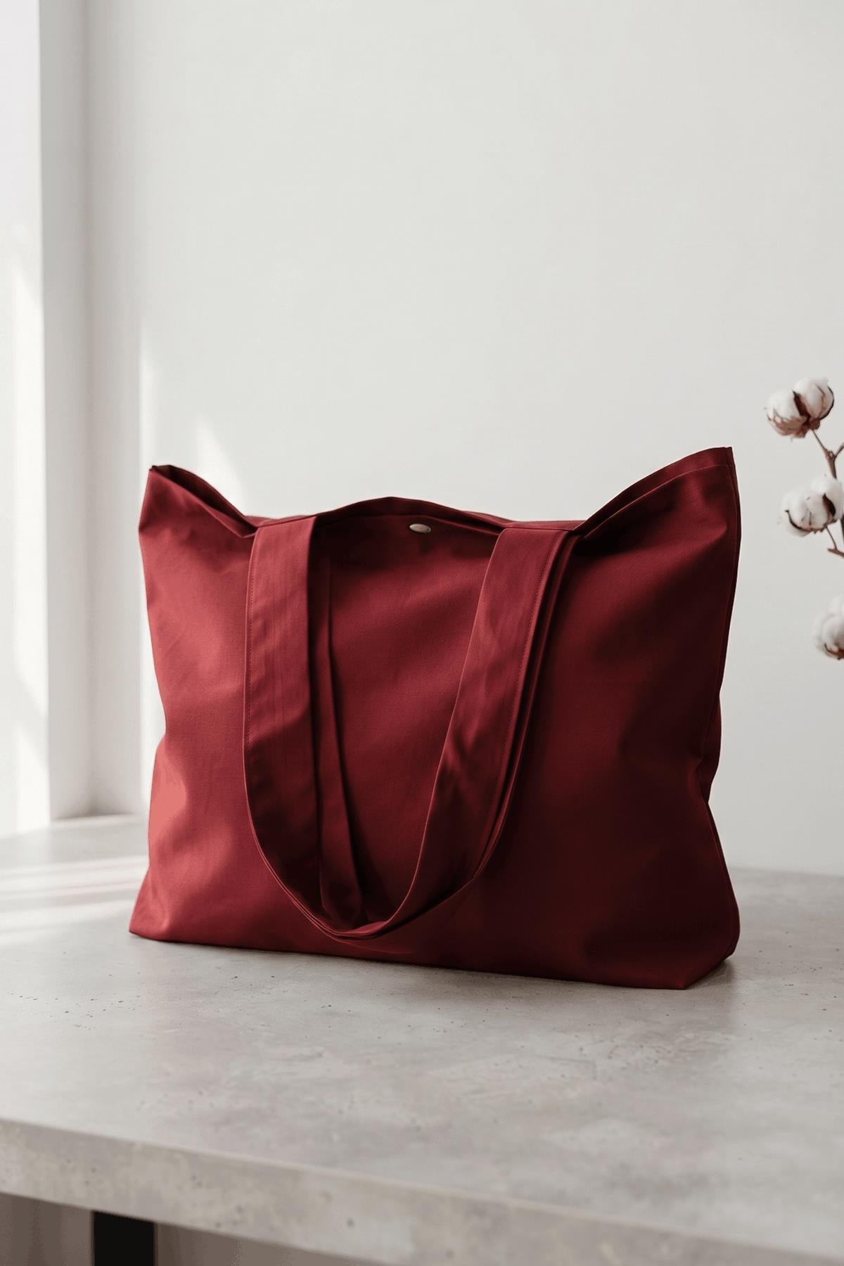 Kadın Bordo Omuz Çantası Çıtçıt Kapatmalı Geniş Bez Tote Bag