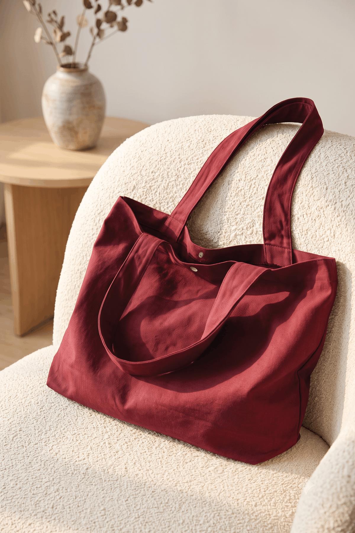 Kadın Bordo Omuz Çantası Çıtçıt Kapatmalı Geniş Bez Tote Bag