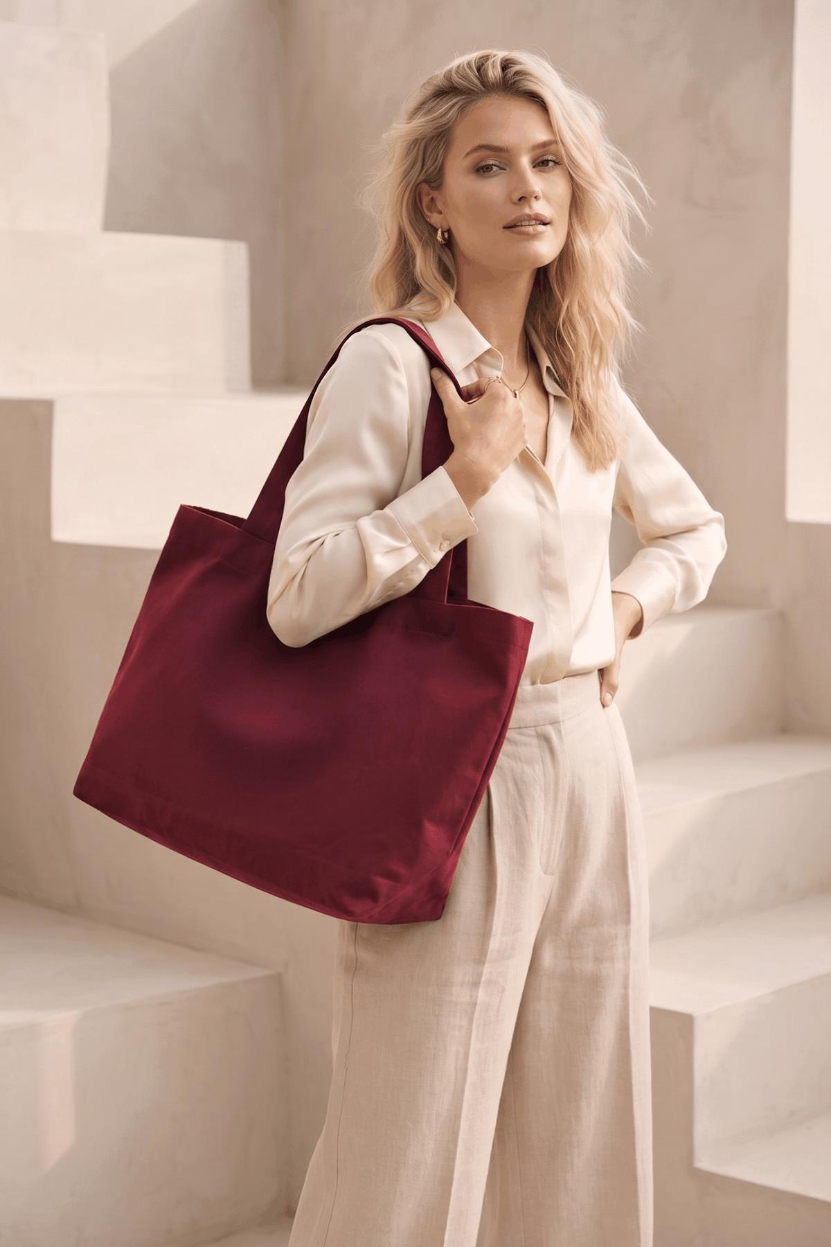Kadın Bordo Omuz Çantası Çıtçıt Kapatmalı Geniş Bez Tote Bag
