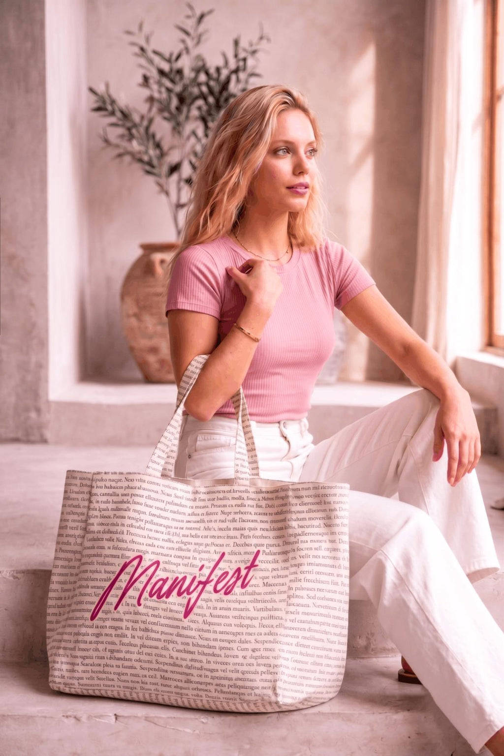 Manifest Tasarımlı Kanvas Bez Çanta - Çıtlı Büyük Boy Omuz Çantası