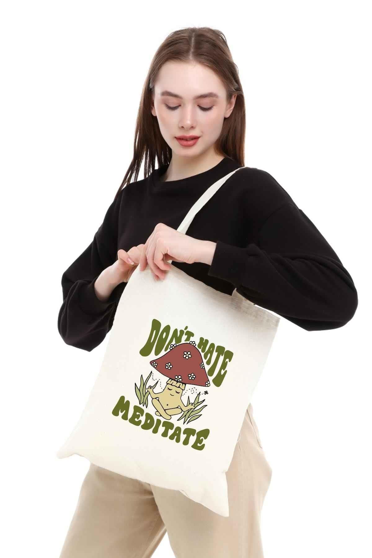 Meditate Baskılı Ham Bez Çanta