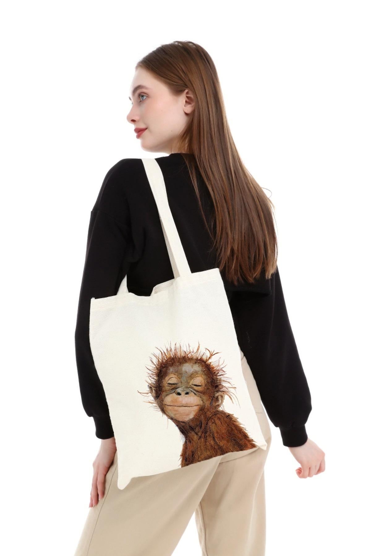 Minik Orangutan Baskılı Ham Bez Çanta