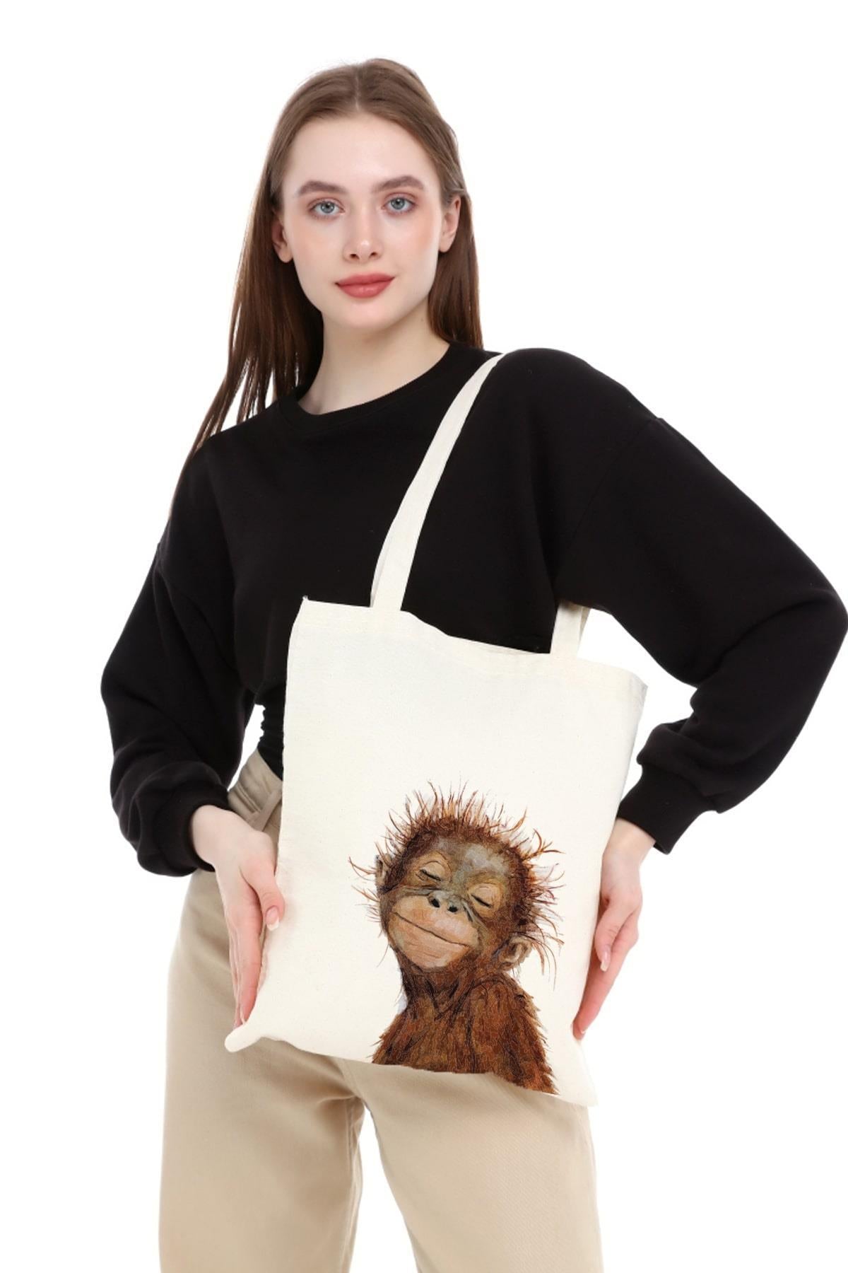 Minik Orangutan Baskılı Ham Bez Çanta