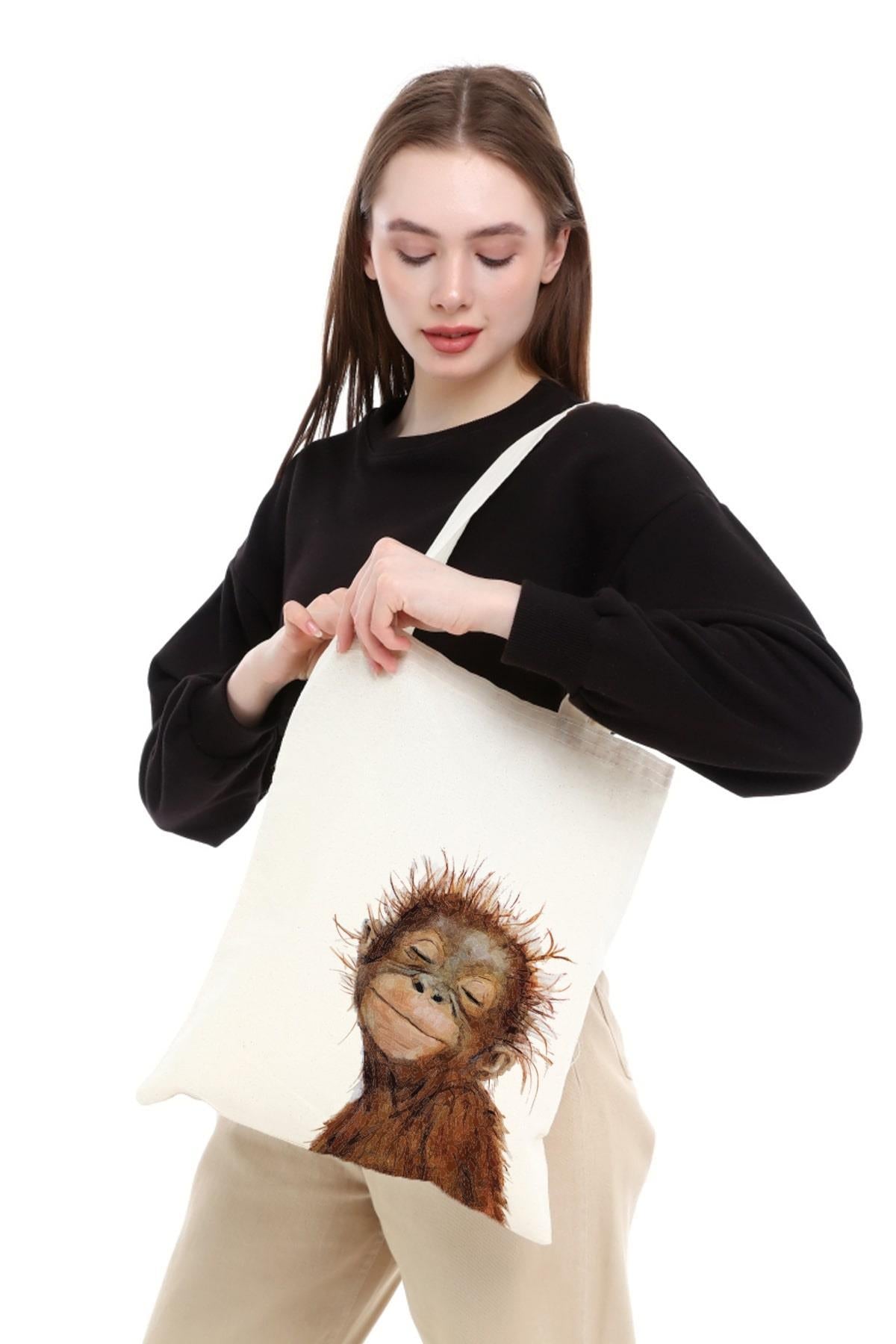 Minik Orangutan Baskılı Ham Bez Çanta
