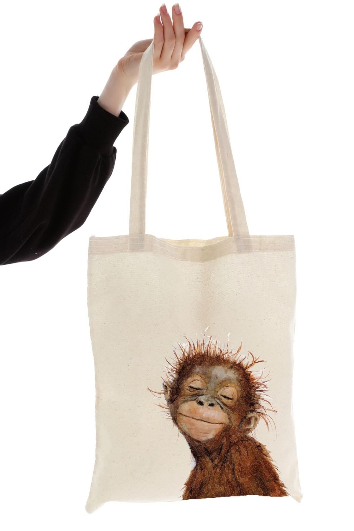 Minik Orangutan Baskılı Ham Bez Çanta