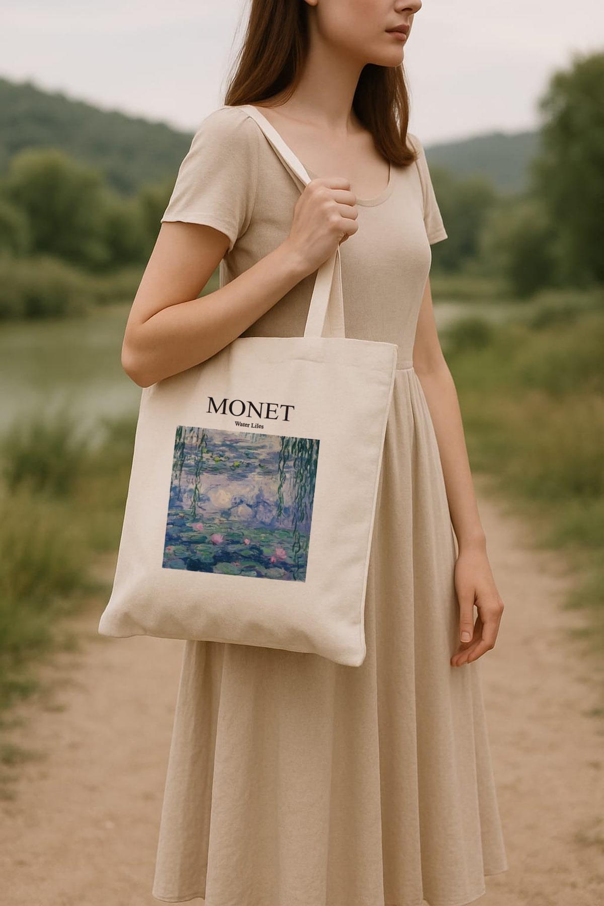 Monet Baskılı Ham Bez Çanta
