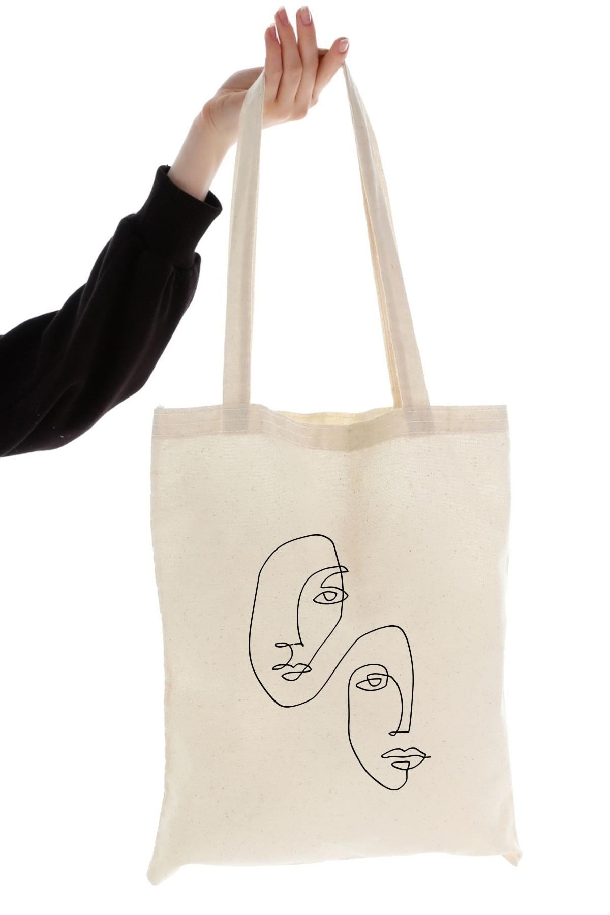 One Line Faces Baskılı Ham Bez Çanta